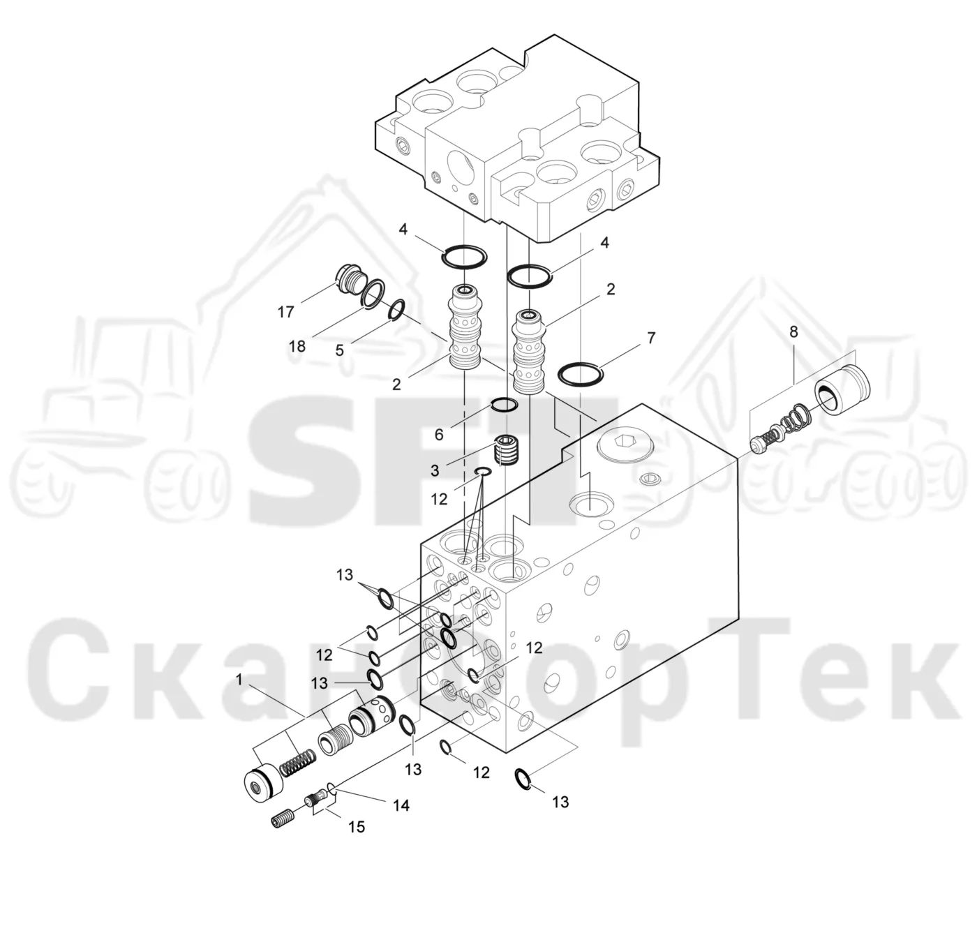 Схема: Valmet / Головки лесозаготовительной машины / Valmet 370.1 / Valmet 370.1 Ch. 11731- / Valmet 370.1 Ch. 11731- / Каталог запасных частей / Гидравлический клапан / Клапан резки