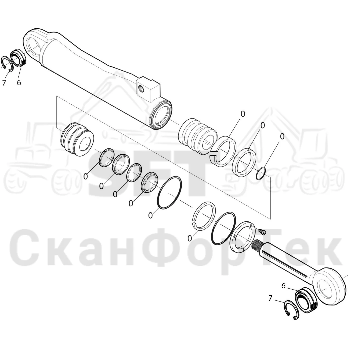 Схема: Valmet / Головки лесозаготовительной машины / Valmet 370.2 / Valmet 370.2 / Каталог запасных частей / Подача / Гидравлическое оборудование открывания и закрывания подающих роликов / Feed rollers open close hyd, topsaw / Запасные части цилиндра
