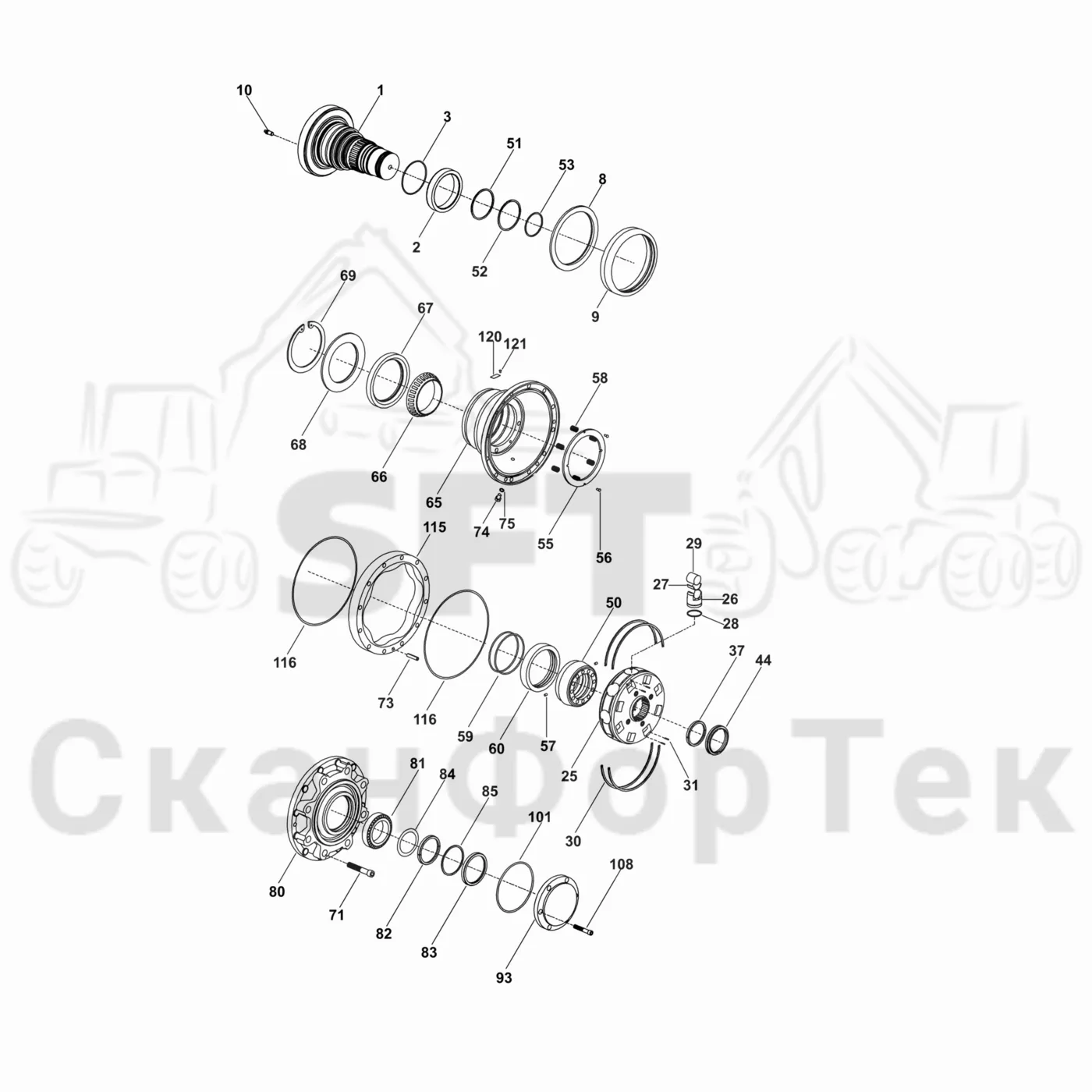 Схема: Komatsu / Лесозаготовительные машины / 951 S/N 9510004367- / Каталог запасных частей / Лесозаготовительное оборудование / Головка лесозаготовительной машины / 370E / Каталог запасных частей / Подача / Гидравлическое оборудование односкоростной пода для 862 cc коры от шасси  / Spare parts hydraulic motor 1-sp