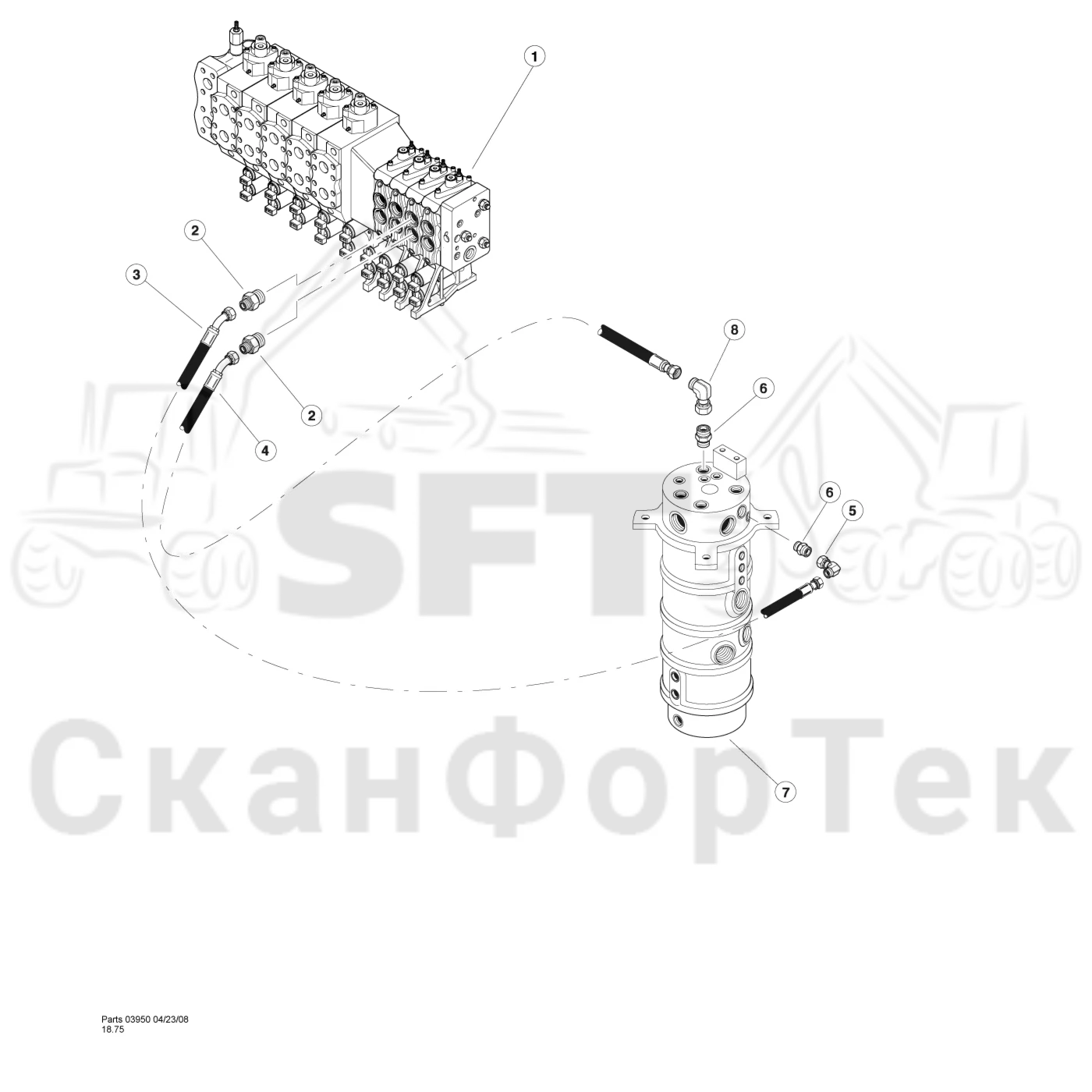 Схема: Komatsu / Головки лесозаготовительной машины / 300 Головки лесозаготовительной машины / 370E / Каталог запасных частей / Обрезка сучьев / Передние сучкорезные ножи / Valve to Rotary (Left Cylinder)