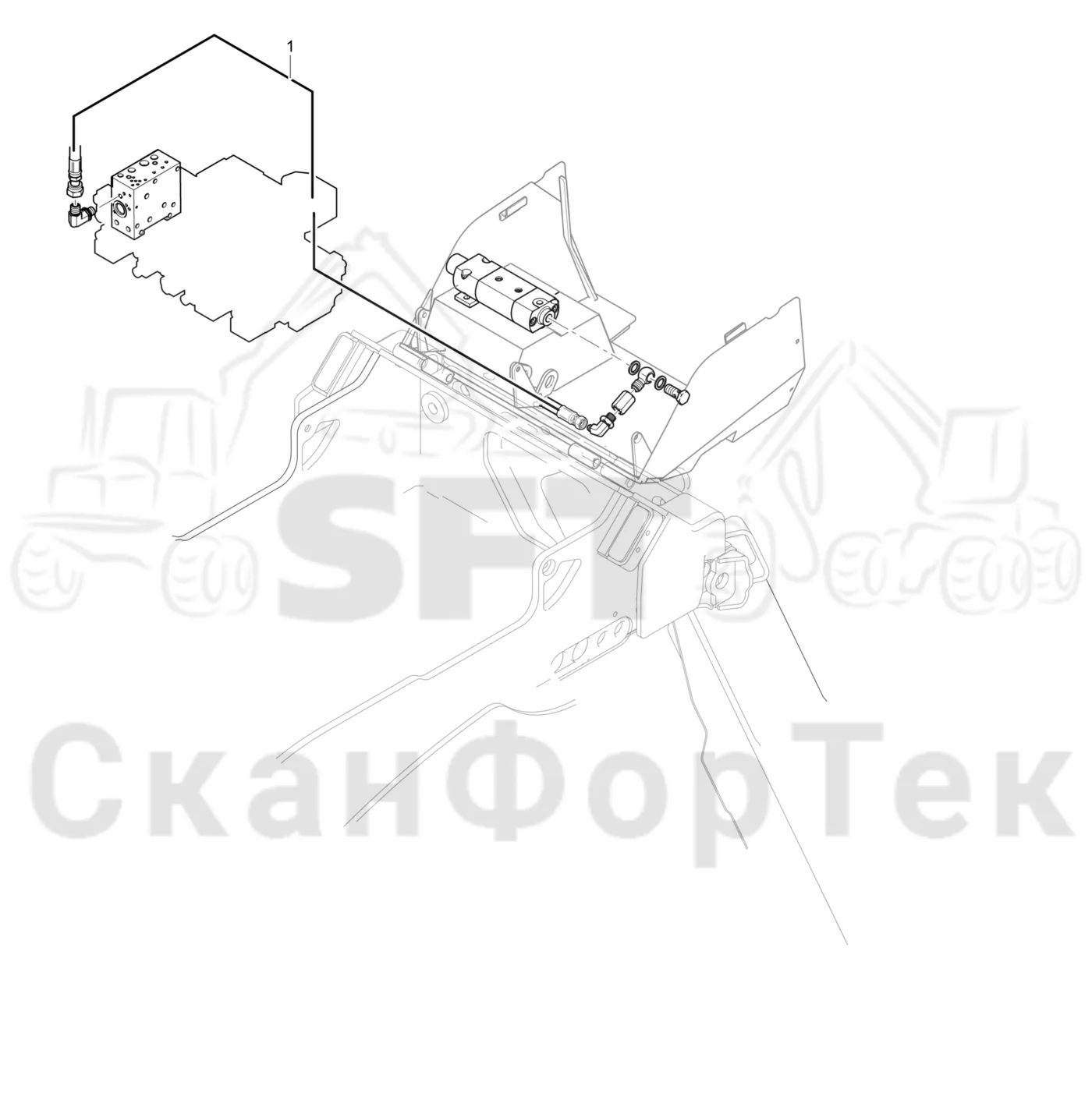 Схема: Komatsu / Лесозаготовительные машины / 941.1 / Каталог запасных частей / Лесозаготовительное оборудование / Головка лесозаготовительной машины / 370E / Каталог запасных частей / Резка / Масленка Eco системы смазки цепи 3701002711- / Гидравлический шланг