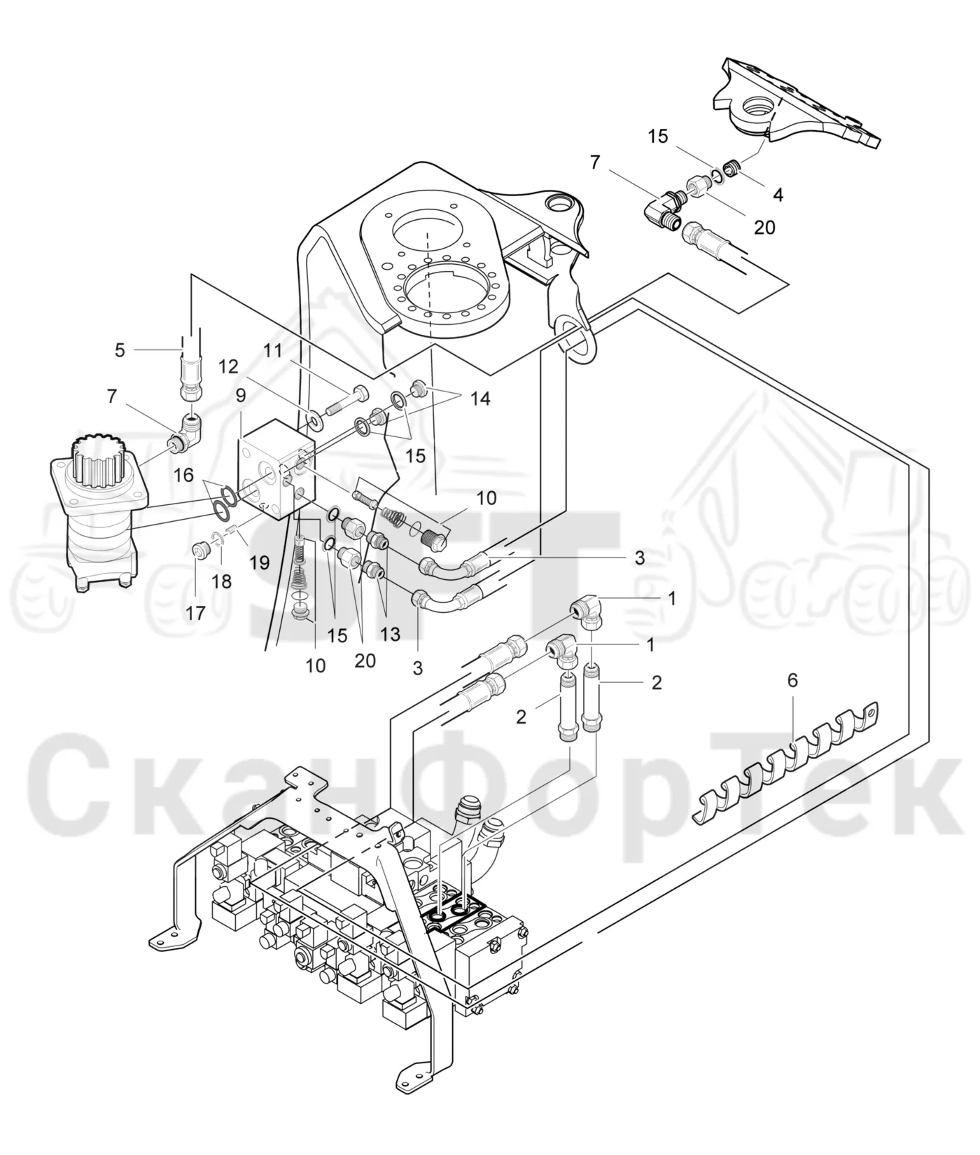 Схема: Valmet / Головки лесозаготовительной машины / Valmet 370 E / Valmet 370 E Ch. 11235- / Valmet 370 E Ch. 11235- / Каталог запасных частей / Поворотные устройства и звенья / Гидравлическое оборудование поворотного устройства / Гидравлическое оборудование поворотного устройства