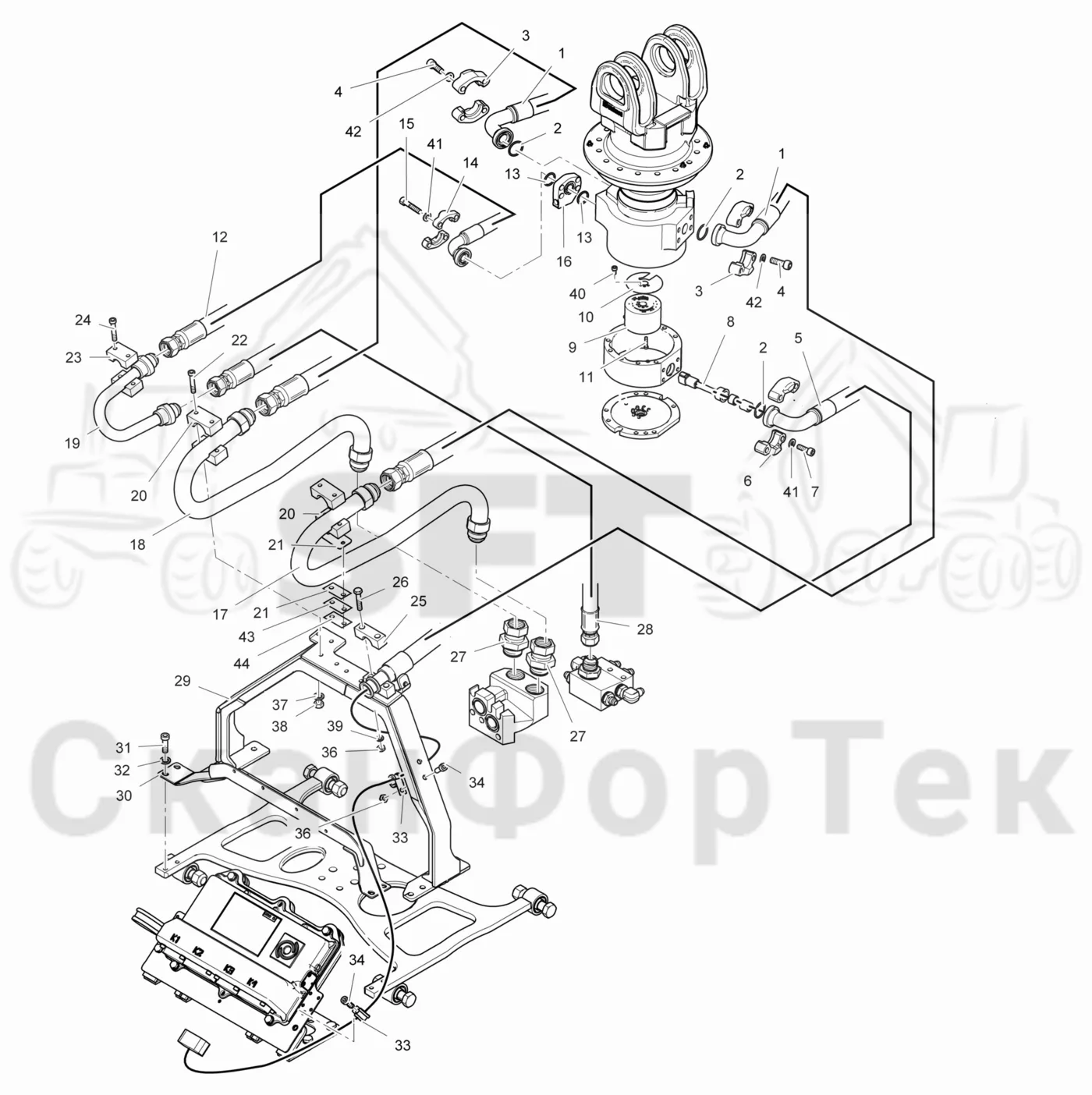 Схема: Valmet / Лесозаготовительные машины / Valmet 941 / Valmet 941 Ch 12071- / Valmet 941 Ch 12071- / Каталог запасных частей / Лесозаготовительное оборудование / Головка лесозаготовительной машины / Valmet 370 E / Valmet 370 E / Valmet 370 E Ch. 11235- / Каталог запасных частей / Поворотные устройства и звенья / Гидравлическое оборудование поворотного устройства / Гидравлическое оборудование поворотного устройства 360°