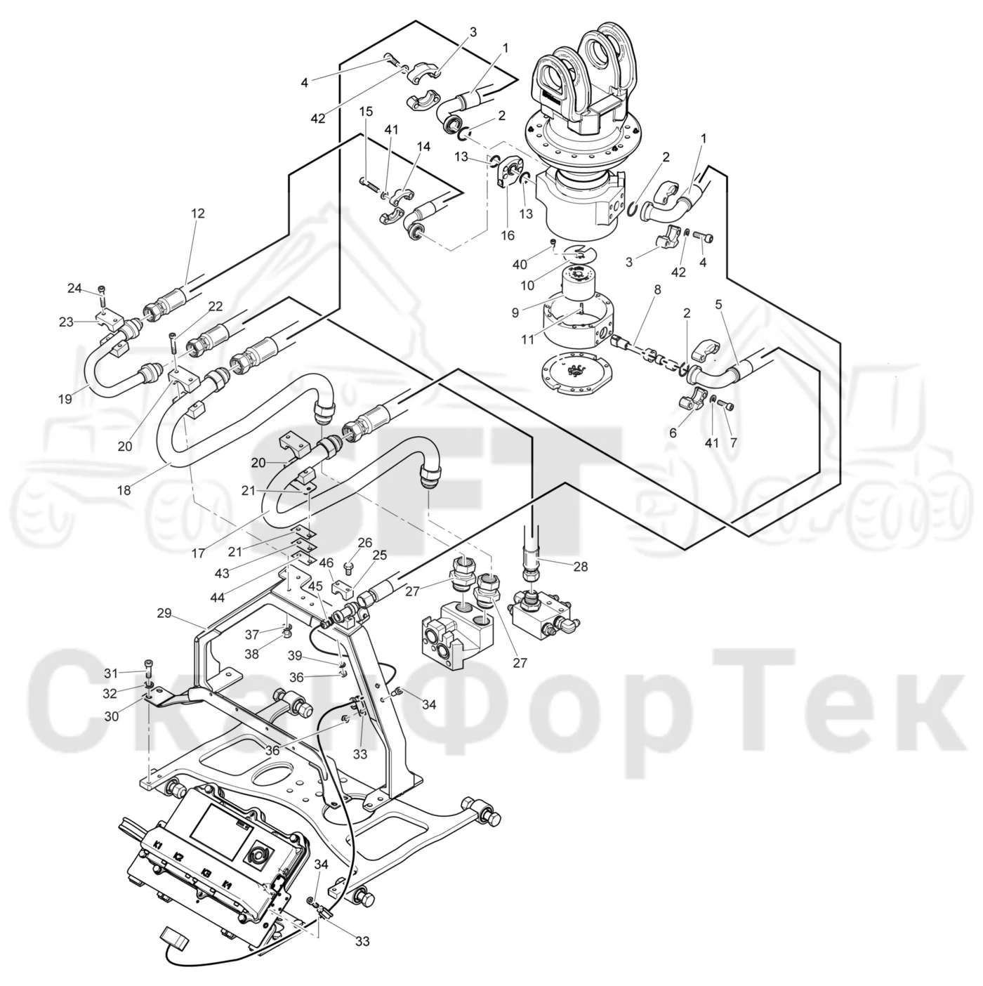 Схема: Komatsu / Головки лесозаготовительной машины / 300 Головки лесозаготовительной машины / 370E / Каталог запасных частей / Поворотные устройства и звенья / Гидравлическое оборудование поворотного устройства / Гидравлическое оборудование поворотного устройства 360° 3701002611-