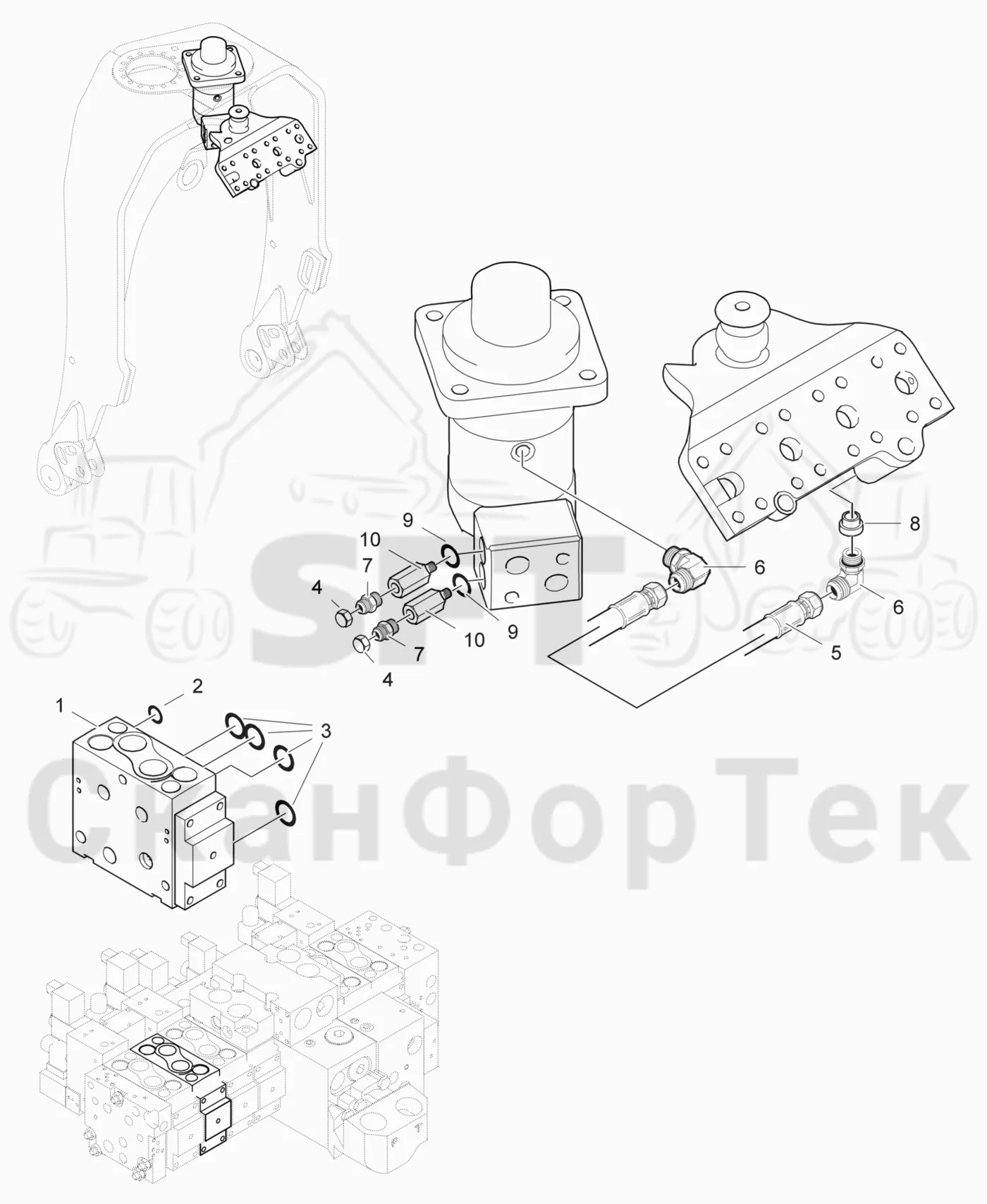Схема: Komatsu / Лесозаготовительные машины / 951 S/N 9510004367- / Каталог запасных частей / Лесозаготовительное оборудование / Головка лесозаготовительной машины / 370E / Каталог запасных частей / Поворотные устройства и звенья / Гидравлическое оборудование поворотного устройства / Гидравлическое оборудование поворотного устройства