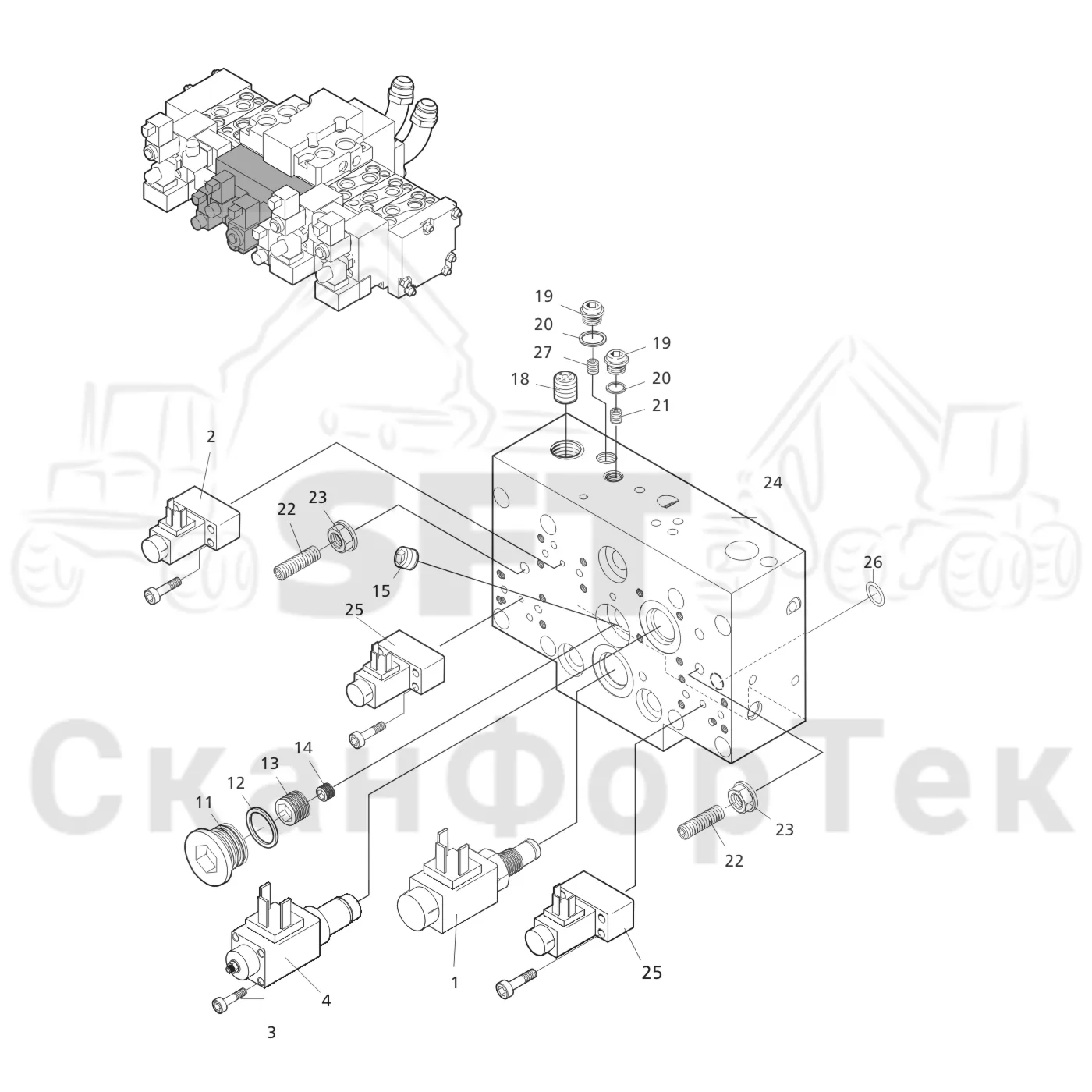 Схема: Komatsu / Головки лесозаготовительной машины / 300 Головки лесозаготовительной машины / 370E / Каталог запасных частей / Гидравлический клапан / Гидравлический клапан / Верхний блок резки