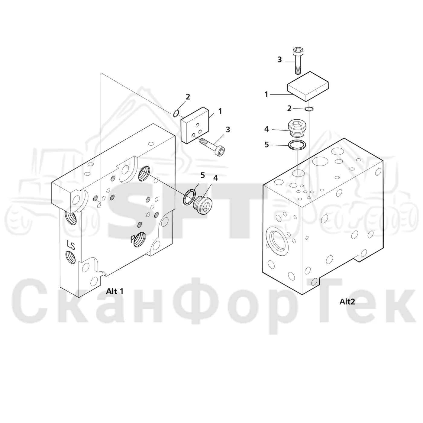 Схема: Komatsu / Головки лесозаготовительной машины / 300 Головки лесозаготовительной машины / 370E / Каталог запасных частей / Гидравлический клапан / Гидравлический клапан 3701002428- / Левый концевой блок