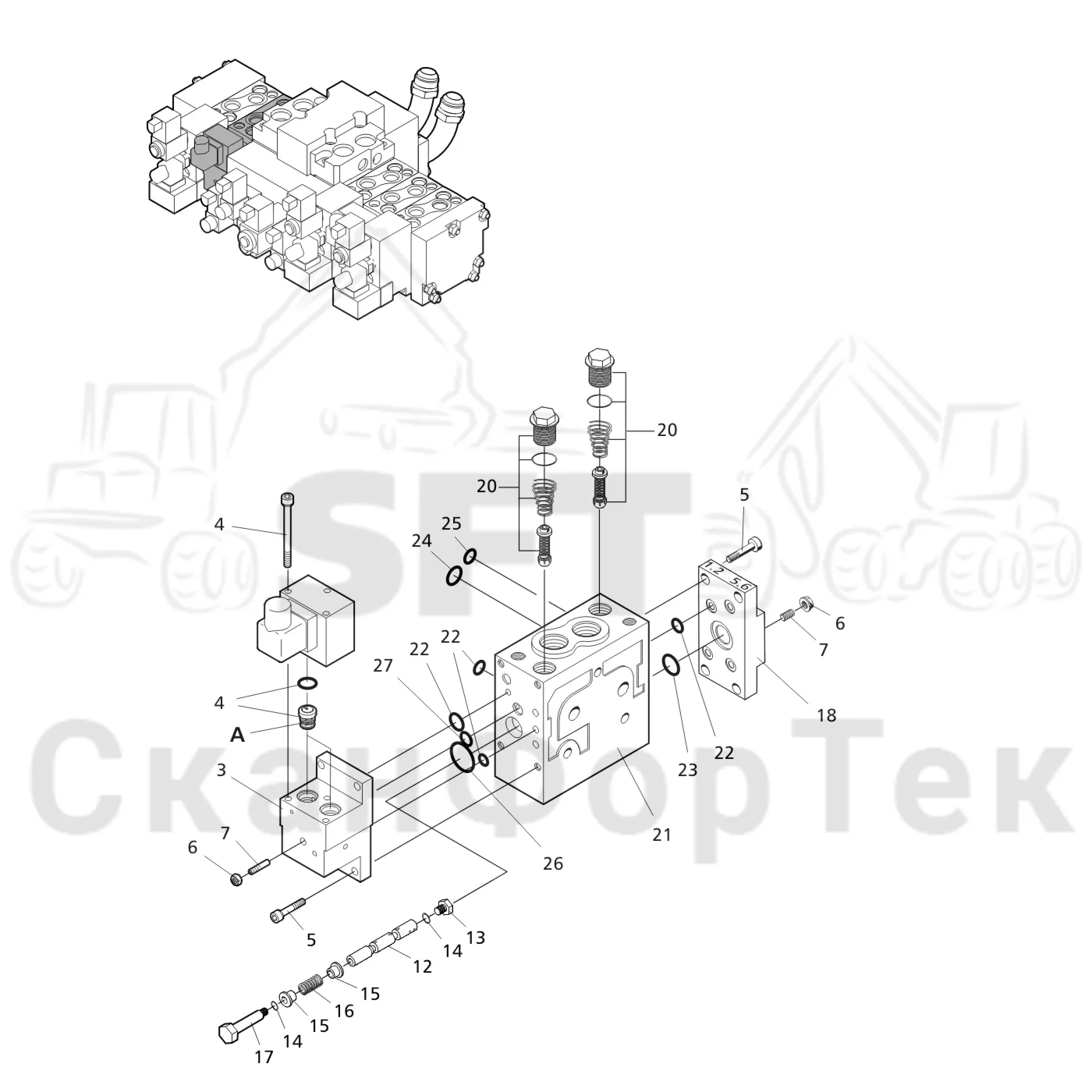 Схема: Valmet / Лесозаготовительные машины / Valmet 941.1 / Valmet 941.1 / Каталог запасных частей / Лесозаготовительное оборудование / Головка лесозаготовительной машины / Valmet 370 E / Valmet 370 E / Valmet 370 E Ch. 11235- / Каталог запасных частей / Гидравлический клапан / Клапан. Рубка