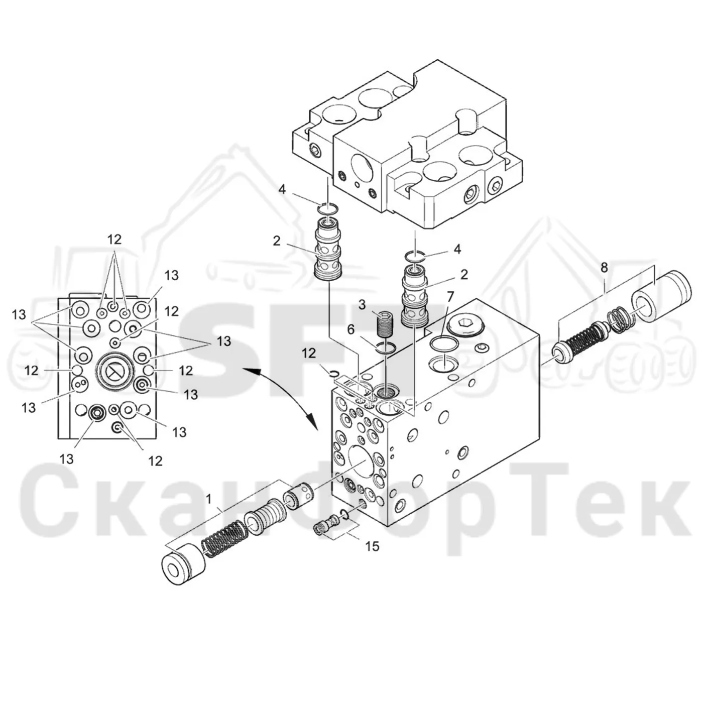 Схема: Valmet / Головки лесозаготовительной машины / Valmet 370 E / Valmet 370 E Ch. 11235- / Valmet 370 E Ch. 11235- / Каталог запасных частей / Гидравлический клапан / Клапан резки