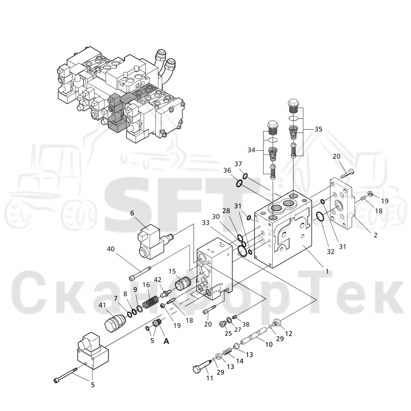 Схема: Valmet / Головки лесозаготовительной машины / Valmet 370 E / Valmet 370 E Ch. 11235- / Valmet 370 E Ch. 11235- / Каталог запасных частей / Гидравлический клапан / Клапан. Задние сучкорезные ножи