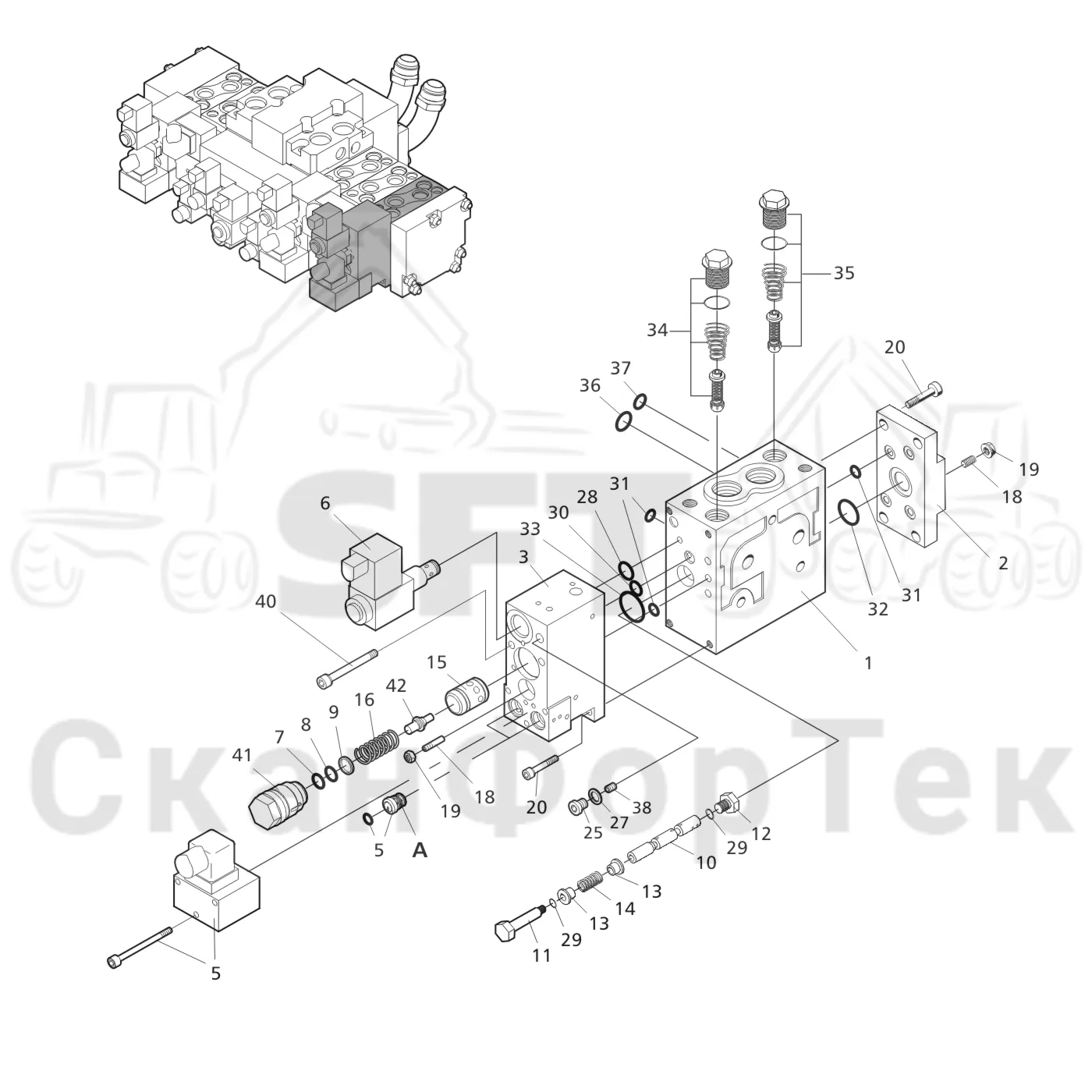 Схема: Komatsu / Лесозаготовительные машины / 951 S/N 9510004367- / Каталог запасных частей / Лесозаготовительное оборудование / Головка лесозаготовительной машины / 370E / Каталог запасных частей / Гидравлический клапан / Гидравлический клапан / Клапан. Передние сучкорезные ножи