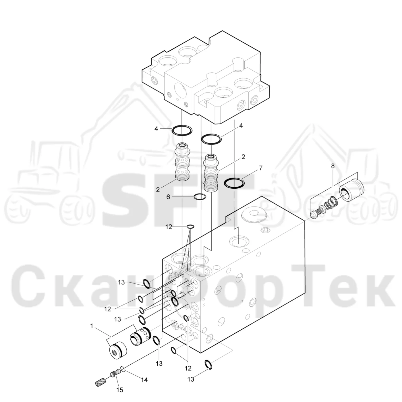 Схема: Komatsu / Лесозаготовительные машины / 951 S/N 9510004367- / Каталог запасных частей / Лесозаготовительное оборудование / Головка лесозаготовительной машины / 370E / Каталог запасных частей / Гидравлический клапан / Гидравлический клапан 3701002428- / Клапан резки 3701002440-