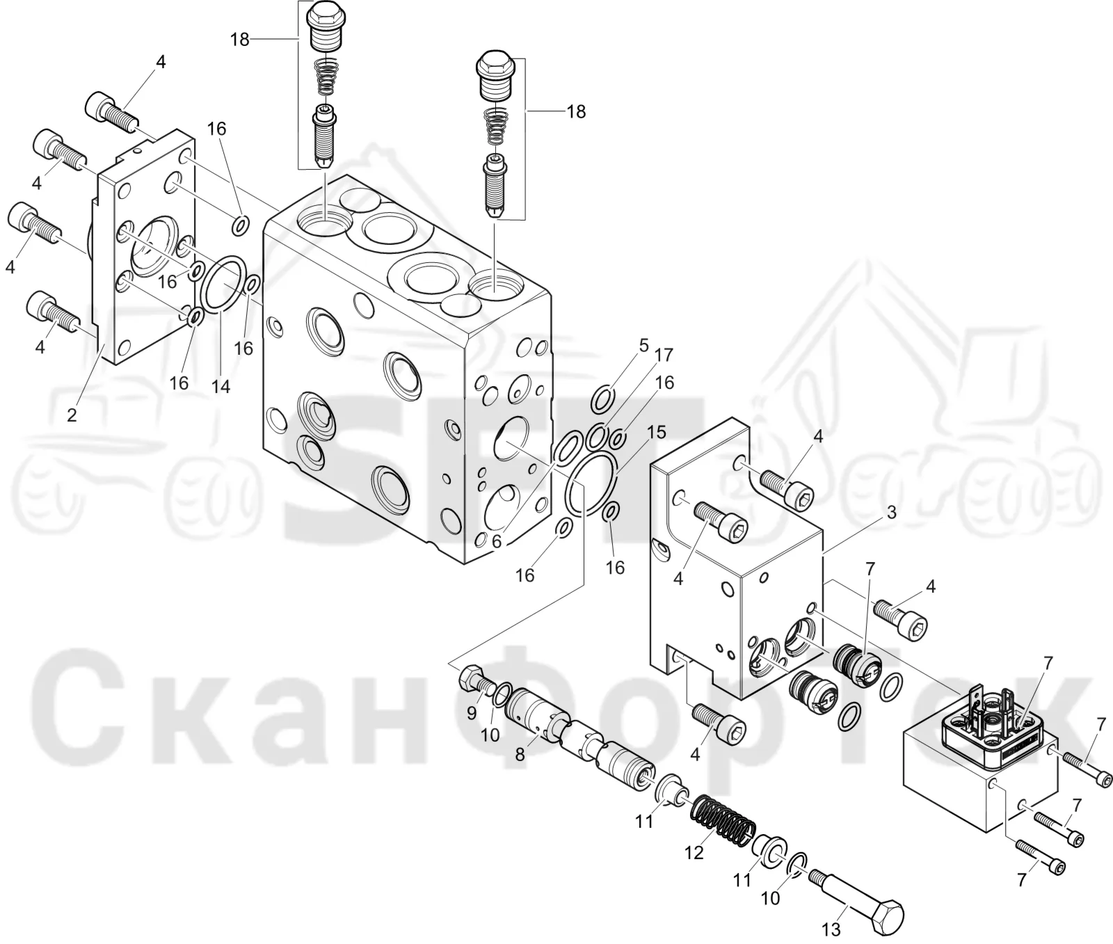 Схема: Komatsu / Лесозаготовительные машины / 951 S/N 9510004367- / Каталог запасных частей / Лесозаготовительное оборудование / Головка лесозаготовительной машины / 370E / Каталог запасных частей / Гидравлический клапан / Гидравлический клапан 3701002428- / Клапан. Поворотное устройство 3701003131-