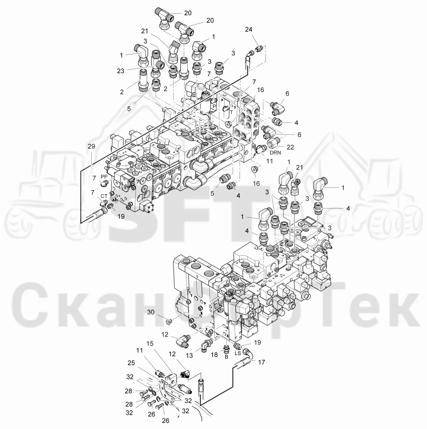 Схема: Komatsu / Лесозаготовительные машины / 911.5 / Каталог запасных частей / Лесозаготовительное оборудование / Головка лесозаготовительной машины / 365 / Каталог запасных частей / Гидравлический клапан / Гидравлический клапан / Узел клапана