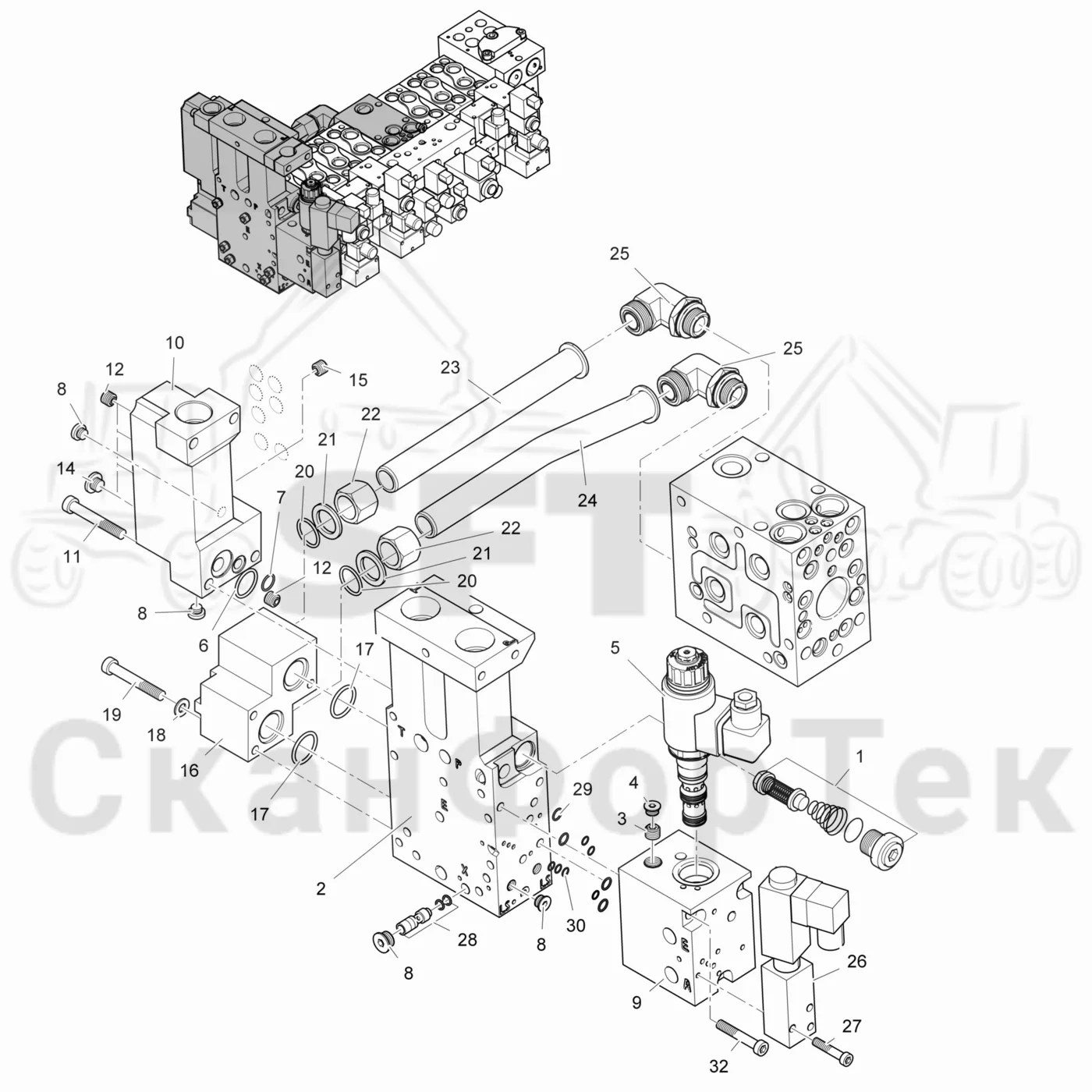 Схема: Valmet / Лесозаготовительные машины / Valmet 931 / Valmet 931 / Каталог запасных частей / Лесозаготовительное оборудование / Головка лесозаготовительной машины / Valmet 365 / Каталог запасных частей / Гидравлический клапан / Впускной - выпускной