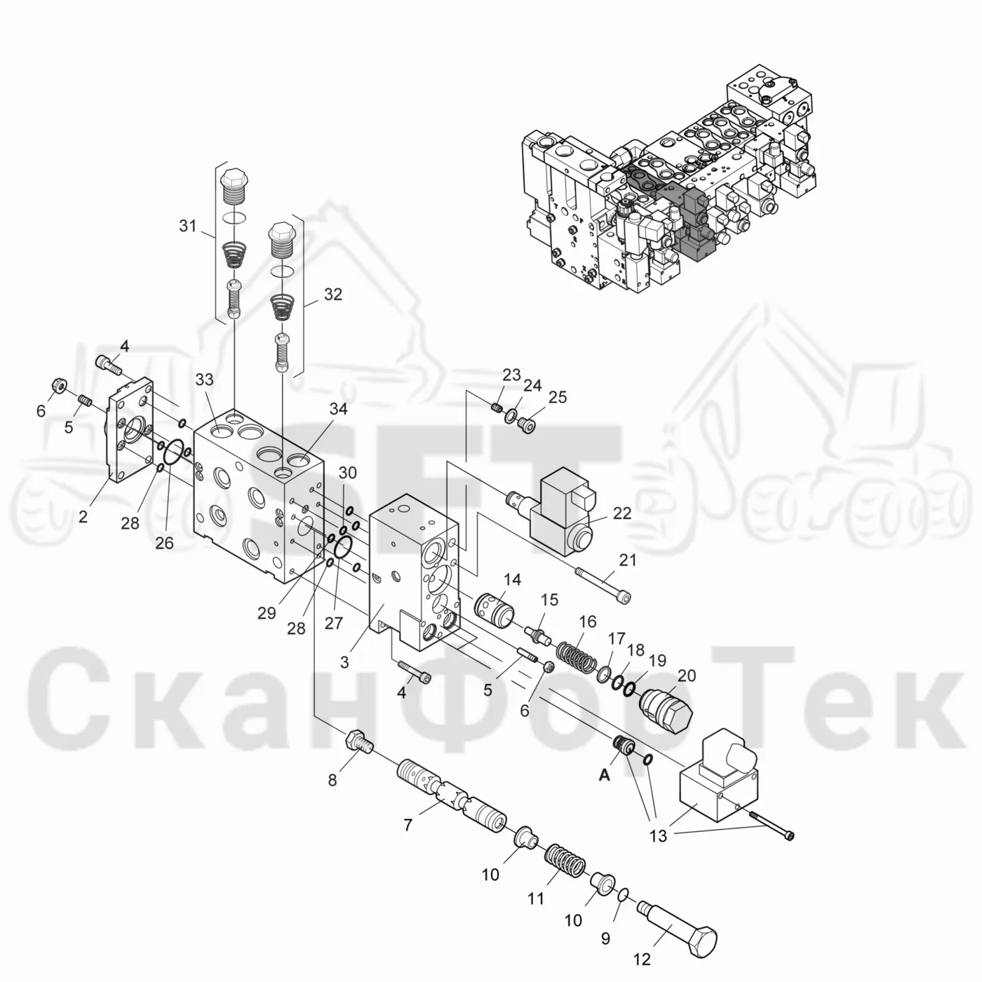 Схема: Komatsu / Лесозаготовительные машины / 931.1 / Каталог запасных частей / Лесозаготовительное оборудование / Головка лесозаготовительной машины / 365 / Каталог запасных частей / Гидравлический клапан / Гидравлический клапан / Секция клапана