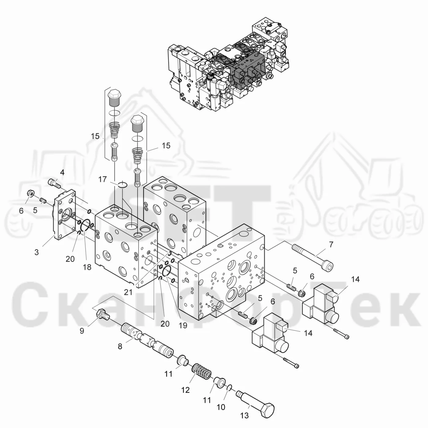 Схема: Komatsu / Головки лесозаготовительной машины / 300 Головки лесозаготовительной машины / 365 / Каталог запасных частей / Гидравлический клапан / Гидравлический клапан / Секция клапана Подача питания