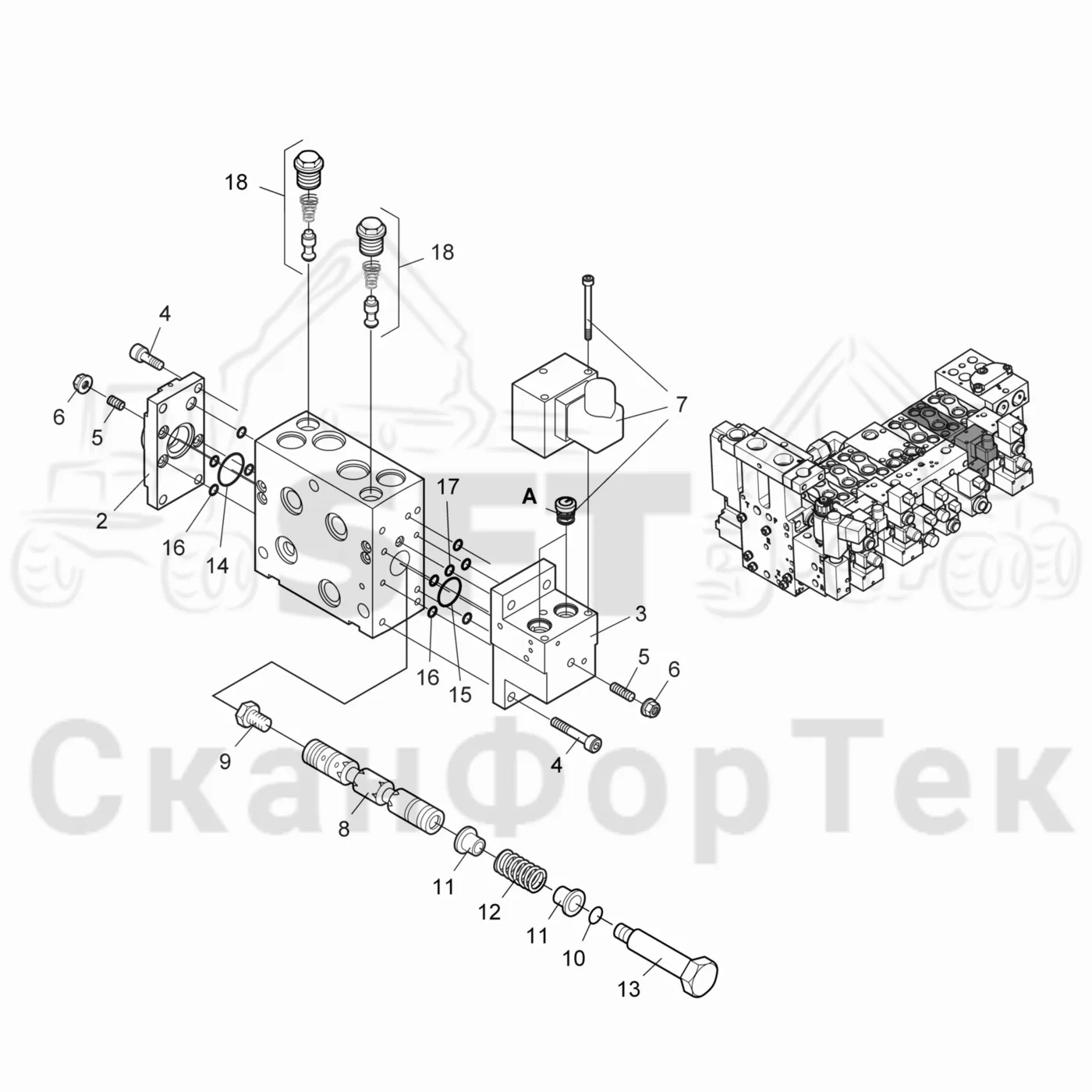 Схема: Valmet / Лесозаготовительные машины / Valmet 931 / Valmet 931 / Каталог запасных частей / Лесозаготовительное оборудование / Головка лесозаготовительной машины / Valmet 365 / Каталог запасных частей / Гидравлический клапан / Секция клапана Поворотное устройство