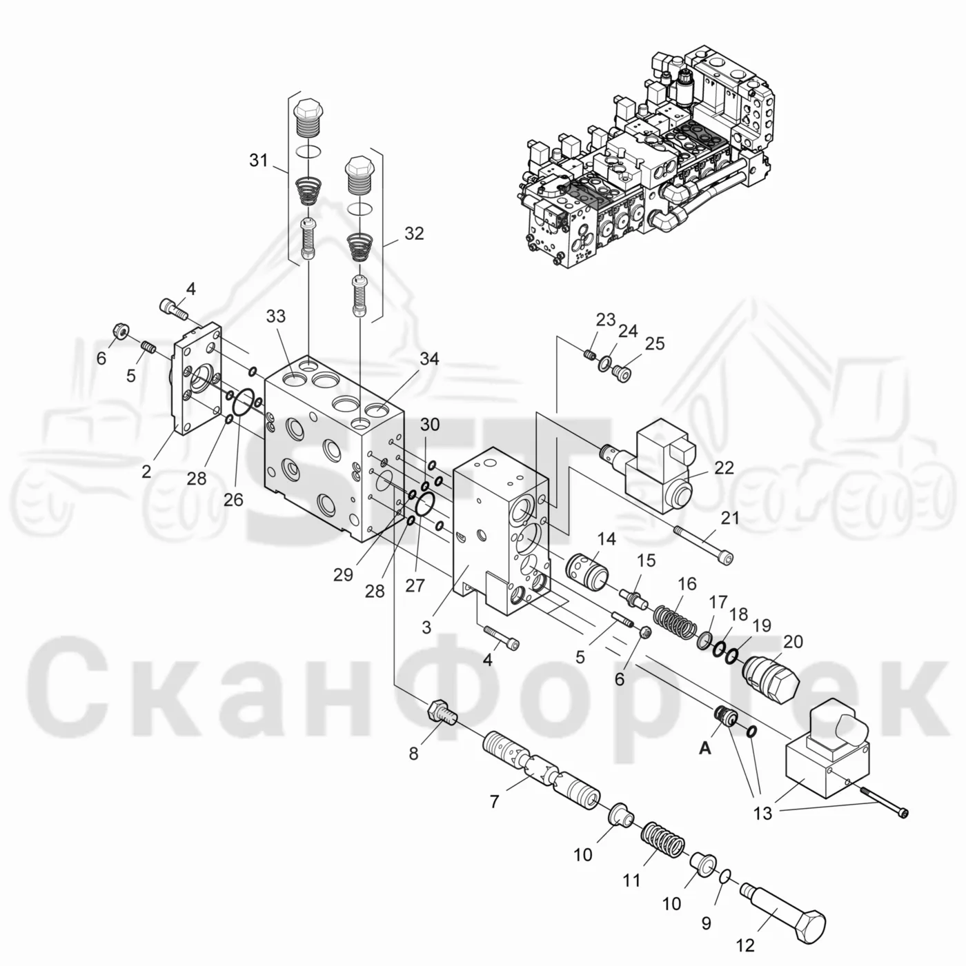 Схема: Komatsu / Лесозаготовительные машины / 911.5 / Каталог запасных частей / Лесозаготовительное оборудование / Головка лесозаготовительной машины / 365 / Каталог запасных частей / Гидравлический клапан / Гидравлический клапан / Секция клапана Нож