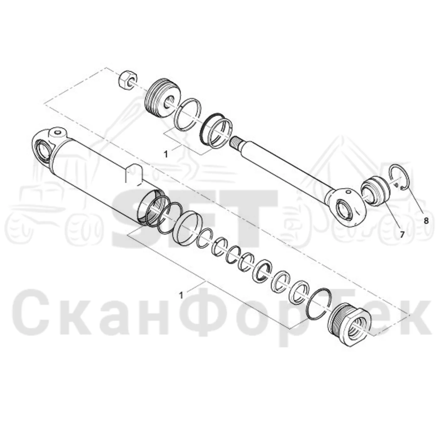 Схема: Komatsu / Головки лесозаготовительной машины / 300 Головки лесозаготовительной машины / 378 E / Каталог запасных частей / Обрезка сучьев / Гидравлический привод сучкорезного ножа / Запасные части цилиндра