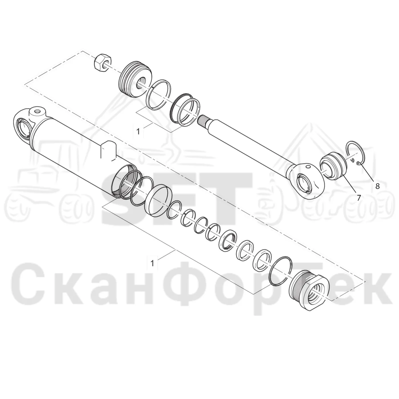 Схема: Komatsu / Головки лесозаготовительной машины / 300 Головки лесозаготовительной машины / 378 E / Каталог запасных частей / Обрезка сучьев / Гидравлический привод сучкорезного ножа / Запасные части цилиндра