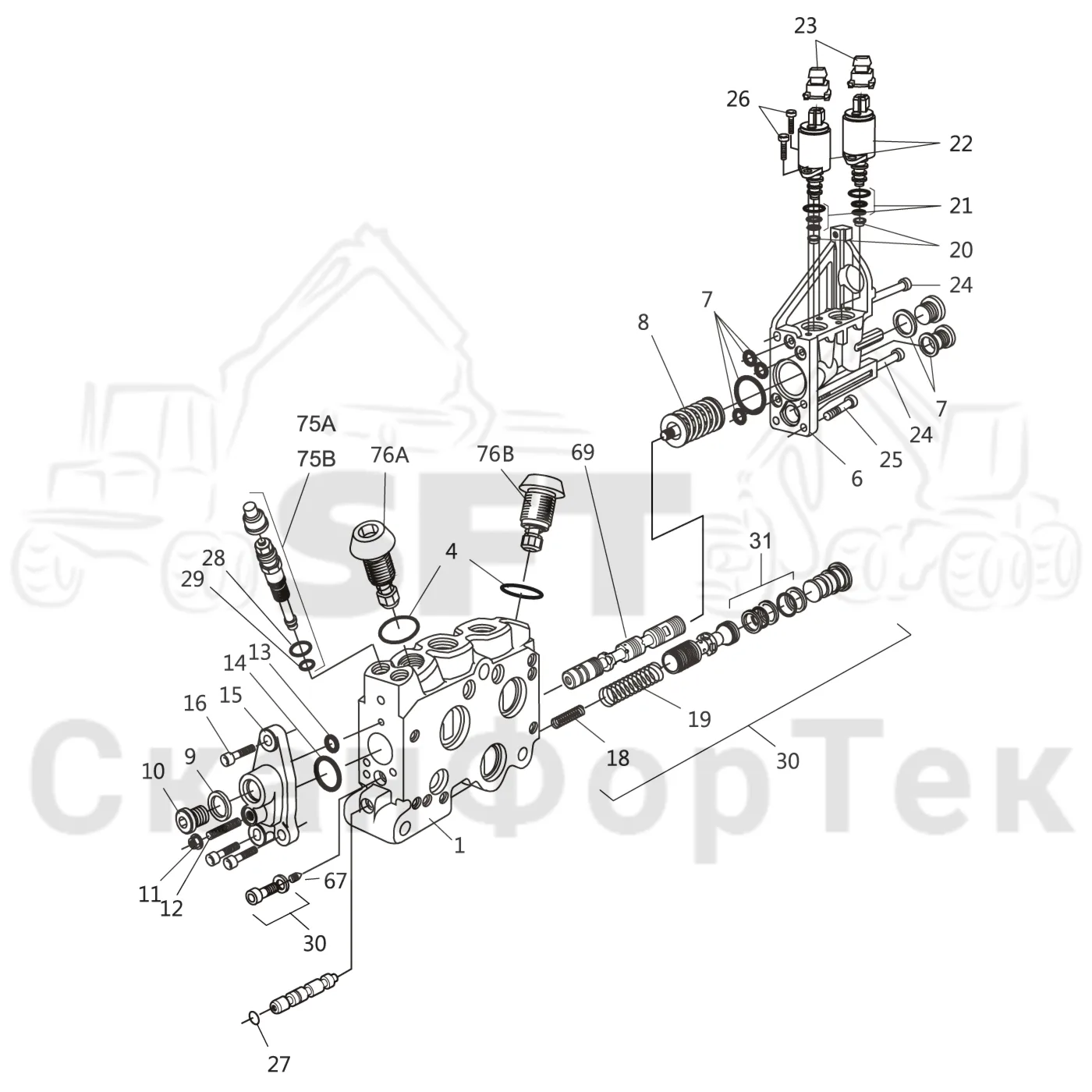 Схема: Komatsu / Головки лесозаготовительной машины / C Головки лесозаготовительной машины / C202 / Каталог запасных частей / Гидравлический клапан / Узел клапана / Секция клапана Поворотное устройство L90