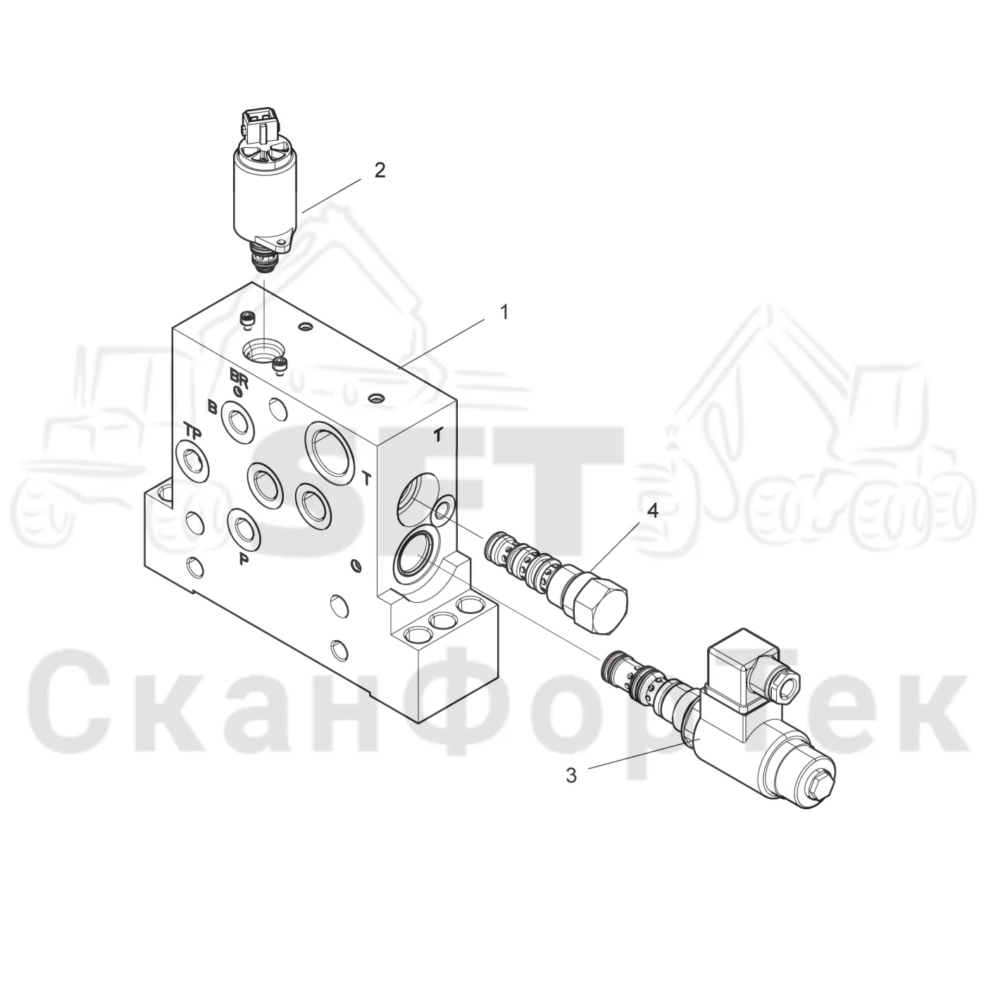 Схема: Komatsu / Головки лесозаготовительной машины / 300 Головки лесозаготовительной машины / 398 / Каталог запасных частей / Гидравлический клапан / Узел клапана / Торцевая секция K170