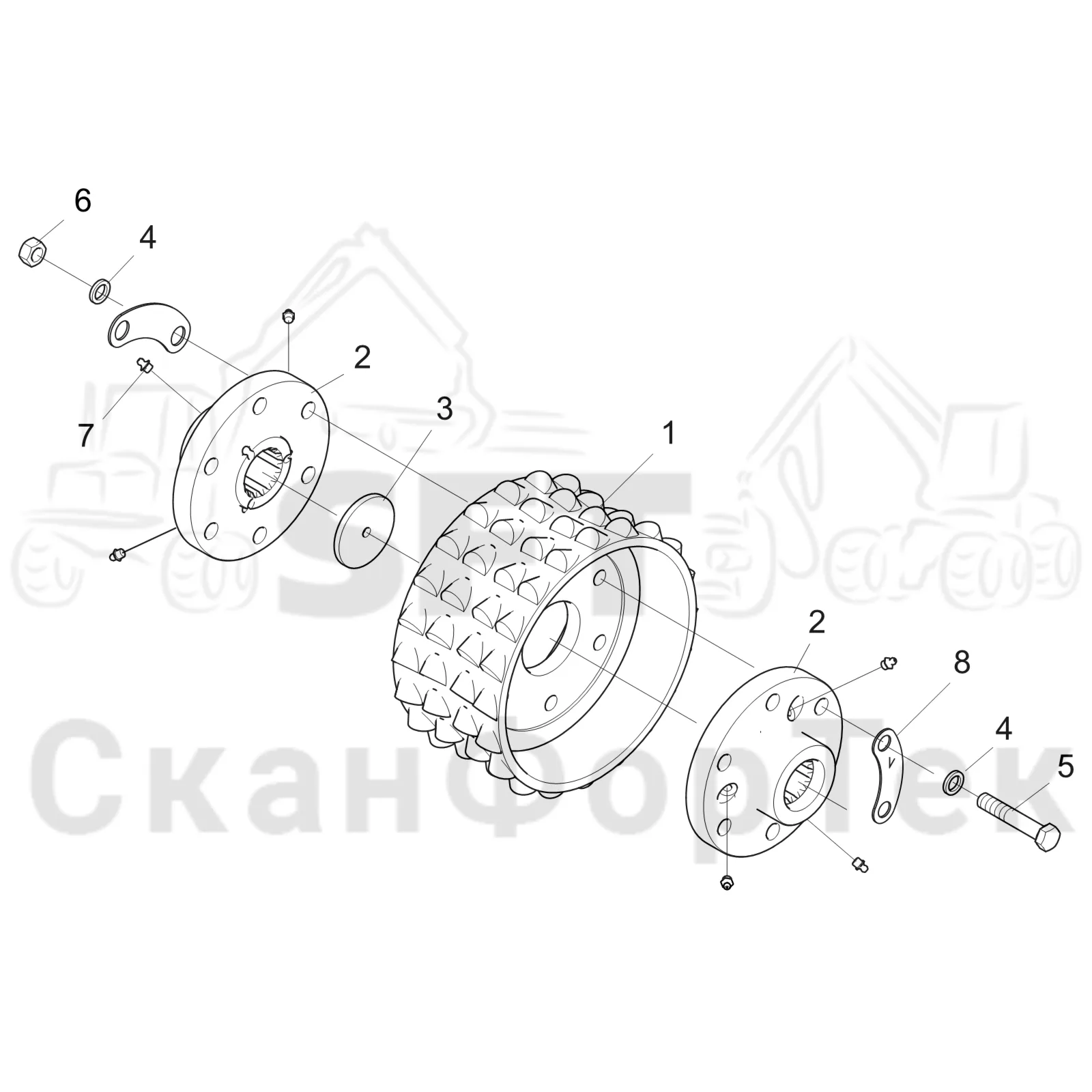 Схема: Komatsu / Головки лесозаготовительной машины / 300 Головки лесозаготовительной машины / 398 / Каталог запасных частей / Подача / Подающий ролик / Подающий ролик