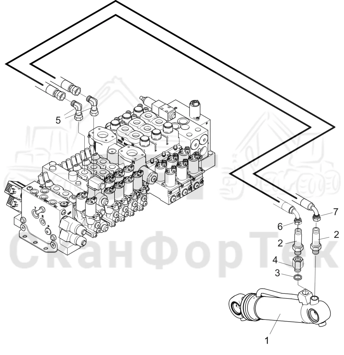 Схема: Komatsu / Головки лесозаготовительной машины / C Головки лесозаготовительной машины / C283 / Каталог запасных частей / Обрезка сучьев / Задние сучкорезные ножи / Гидравлическое оборудование задних сучкорезных ножей