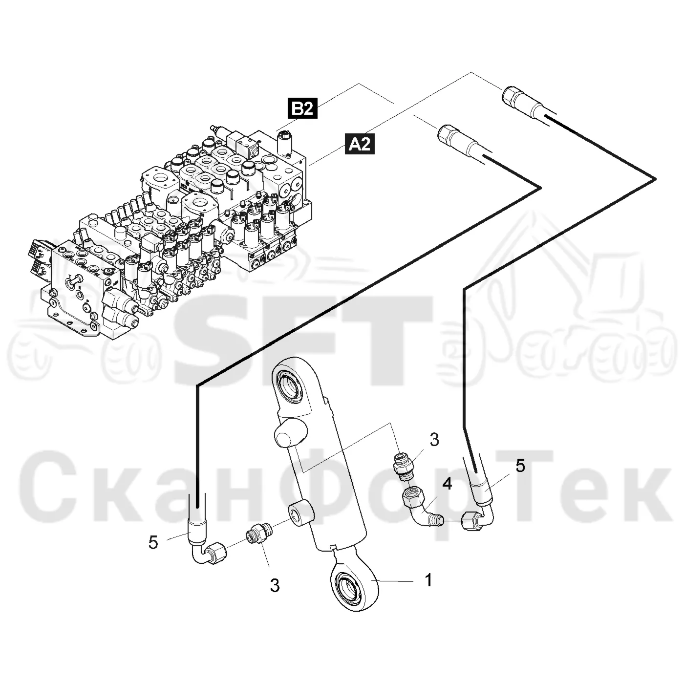 Схема: Komatsu / Головки лесозаготовительной машины / 300 Головки лесозаготовительной машины / 398 / Каталог запасных частей / Измерение / Измерение длины / Гидравлика подъемного механизма мерного ролика