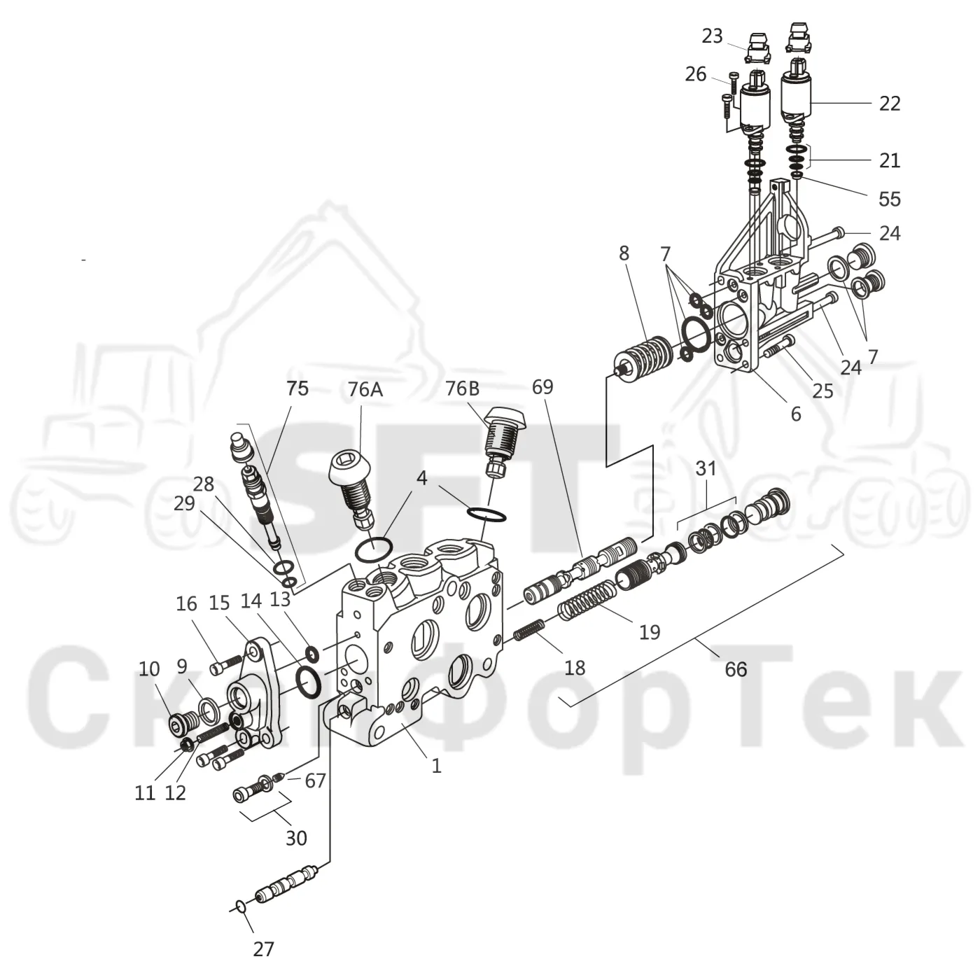 Схема: Komatsu / Головки лесозаготовительной машины / 300 Головки лесозаготовительной машины / 398 / Каталог запасных частей / Гидравлический клапан / Узел клапана / Секция клапана Передние сучкорезные ножи L90