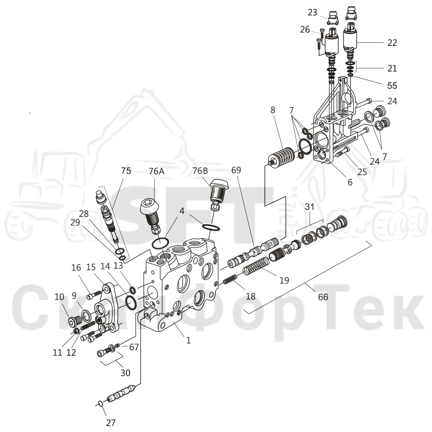 Схема: Komatsu / Головки лесозаготовительной машины / 300 Головки лесозаготовительной машины / 398 / Каталог запасных частей / Гидравлический клапан / Узел клапана / Секция клапана Валка леса L90