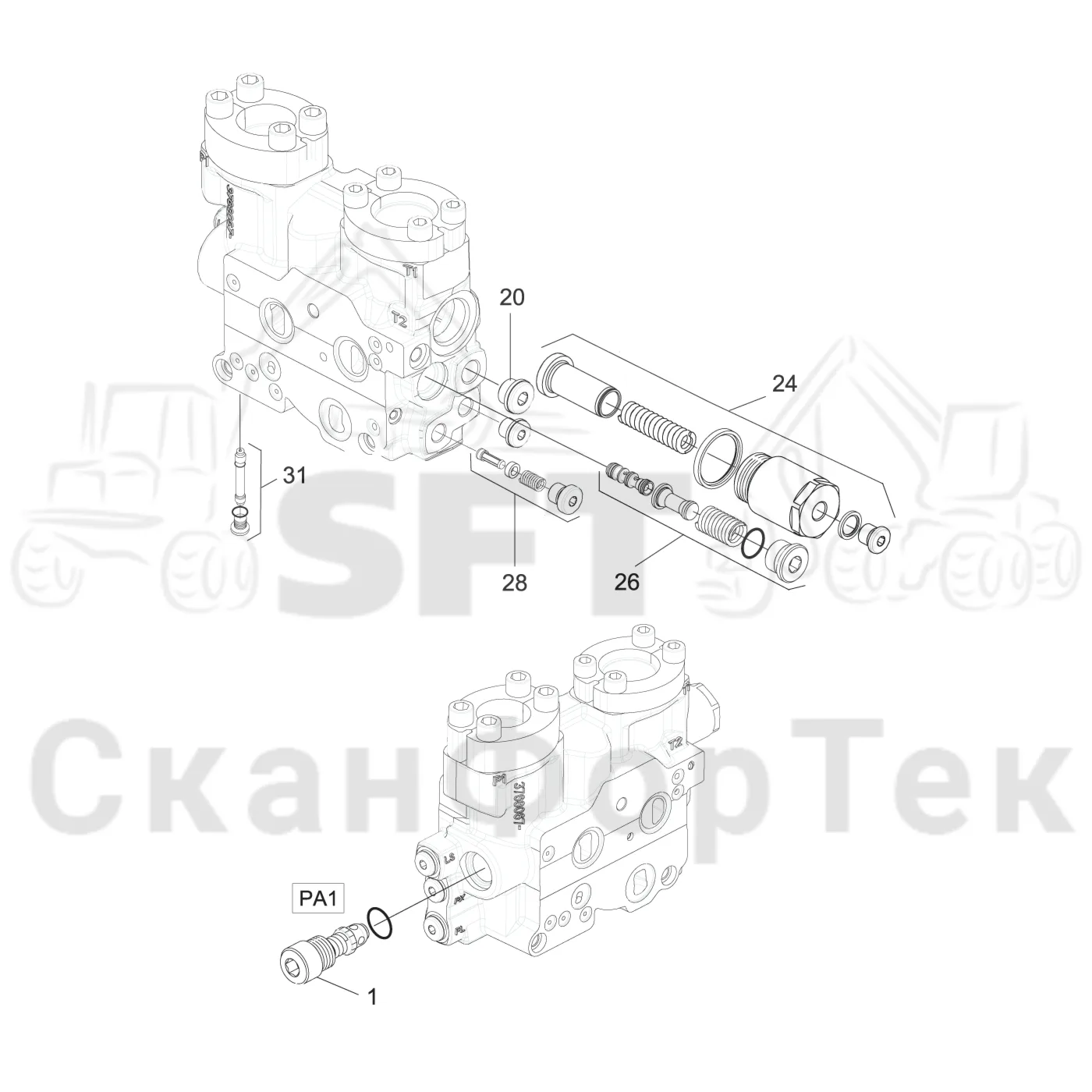 Схема: Komatsu / Головки лесозаготовительной машины / 300 Головки лесозаготовительной машины / 398 / Каталог запасных частей / Гидравлический клапан / Узел клапана / Входной-выходной клапан