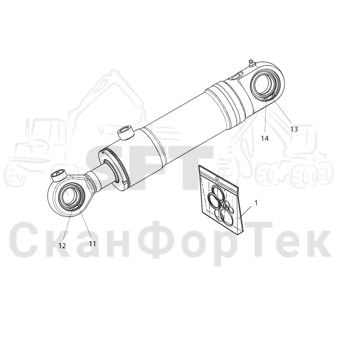 Схема: Komatsu / Лесозаготовительные машины / 931.1 / Каталог запасных частей / Лесозаготовительное оборудование / Головка лесозаготовительной машины / 365.1 / Каталог запасных частей / Подача / Гидравлика открывания и закрывания роликов подачи / Запасные части цилиндра