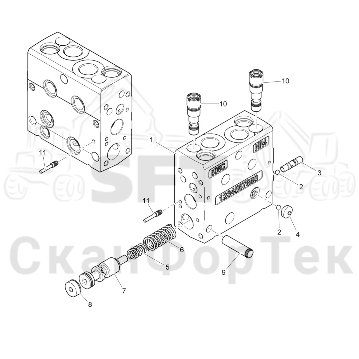 Схема: Komatsu / Лесозаготовительные машины / 931XC S/N 9313021208- / Каталог запасных частей / Лесозаготовительное оборудование / Головка лесозаготовительной машины / C93 / Каталог запасных частей / Гидравлический клапан / Секция клапана Валка леса / Секция клапана