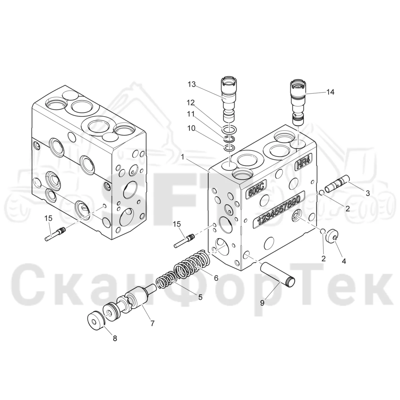 Схема: Komatsu / Лесозаготовительные машины / 931.1 / Каталог запасных частей / Лесозаготовительное оборудование / Головка лесозаготовительной машины / C144 / Каталог запасных частей / Гидравлический клапан / Клапан передних сучкорезных ножей / Секция клапана