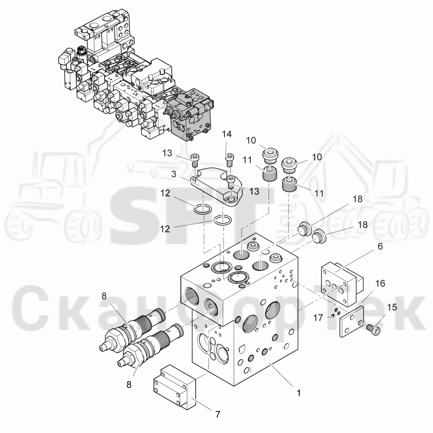 Схема: Komatsu / Лесозаготовительные машины / 911 S/N 9112062167- / Каталог запасных частей / Лесозаготовительное оборудование / Головка лесозаготовительной машины / 365.1 / Каталог запасных частей / Гидравлический клапан / Торцевая секция / Торцевая секция без Цветовая маркировка