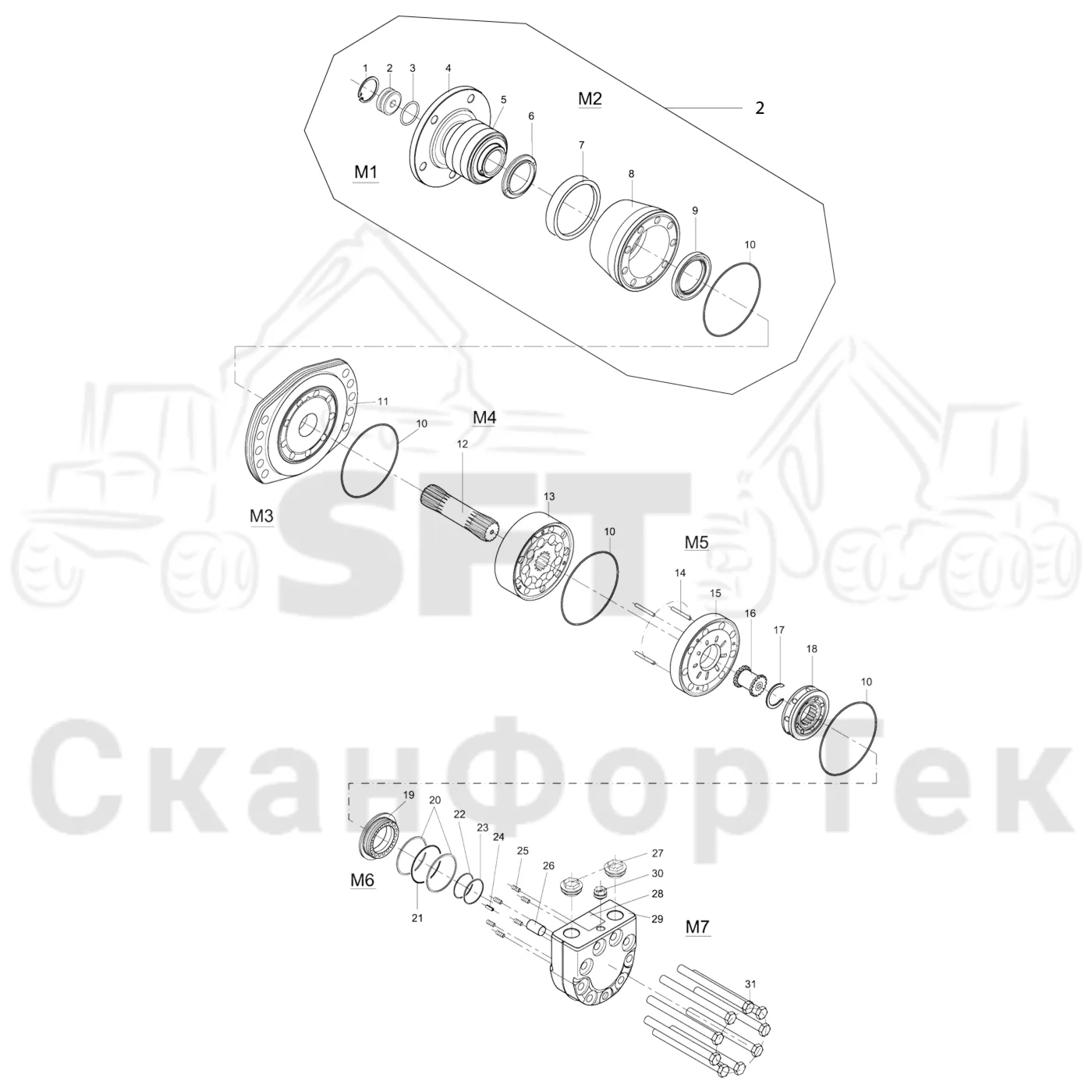 Схема: Komatsu / Головки лесозаготовительной машины / C Головки лесозаготовительной машины / C93 / Каталог запасных частей / Подача / Подающий ролик 400/630 / Запасные части - гидравлический двигатель 630 1093014027-