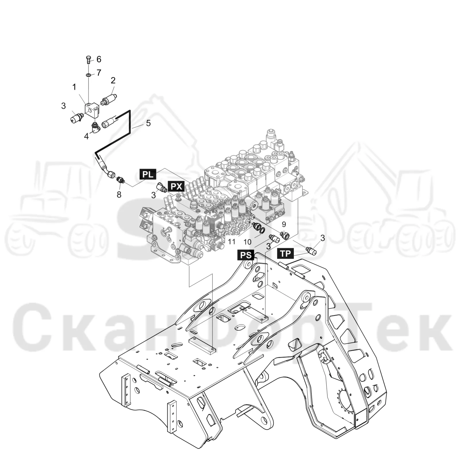 Схема: Komatsu / Головки лесозаготовительной машины / C Головки лесозаготовительной машины / C283 / Каталог запасных частей / Гидравлический клапан / Узел клапана / Датчик