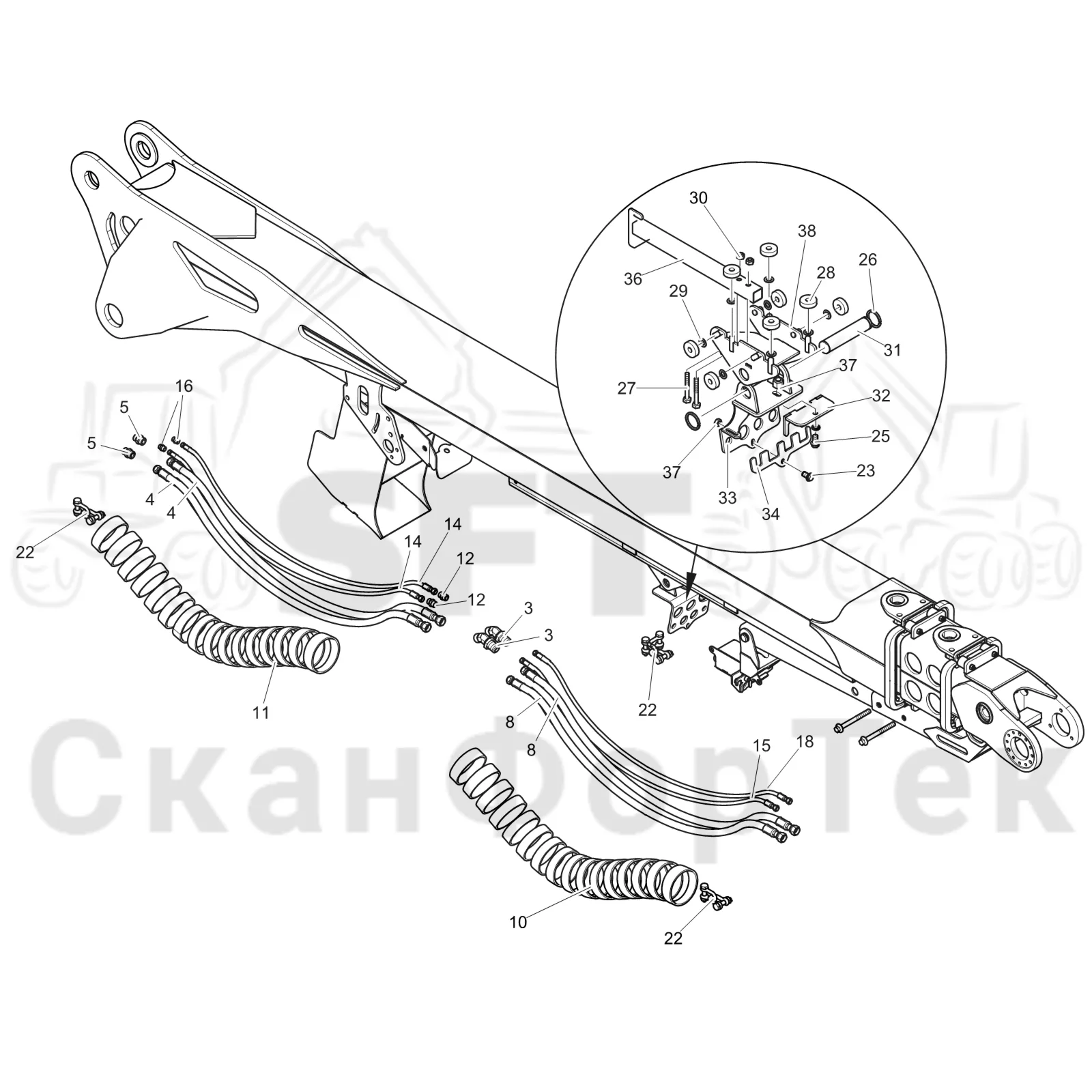 Схема: Komatsu / Лесозаготовительные машины / 931.1 / Каталог запасных частей / Подъемный кран / Телескопическая стрела / Трубы и шланги DT