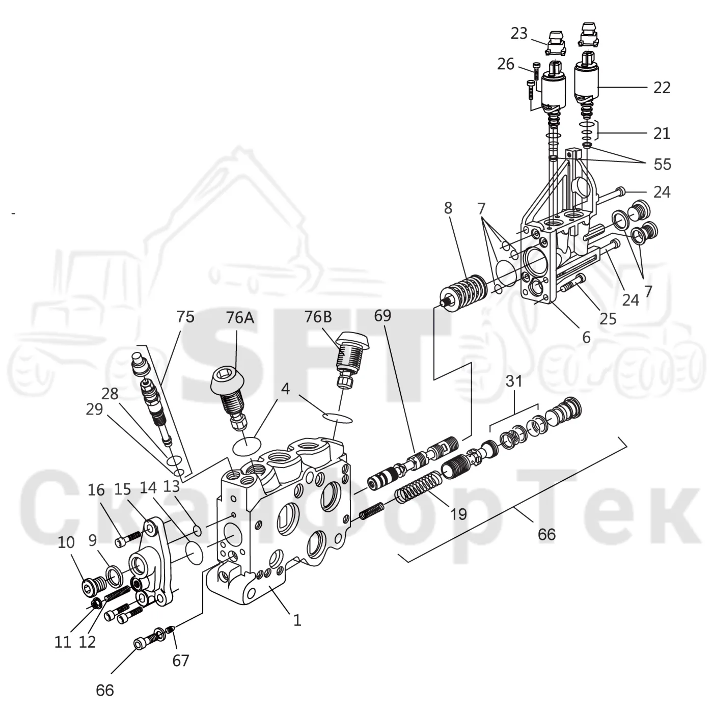 Схема: Komatsu / Головки лесозаготовительной машины / C Головки лесозаготовительной машины / C283 / Каталог запасных частей / Гидравлический клапан / Узел клапана / Секция клапана Передние сучкорезные ножи L90