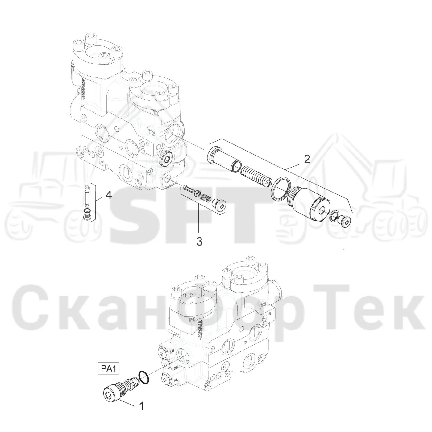 Схема: Komatsu / Головки лесозаготовительной машины / C Головки лесозаготовительной машины / C283 / Каталог запасных частей / Гидравлический клапан / Узел клапана / Впускной - выпускной L90/K220