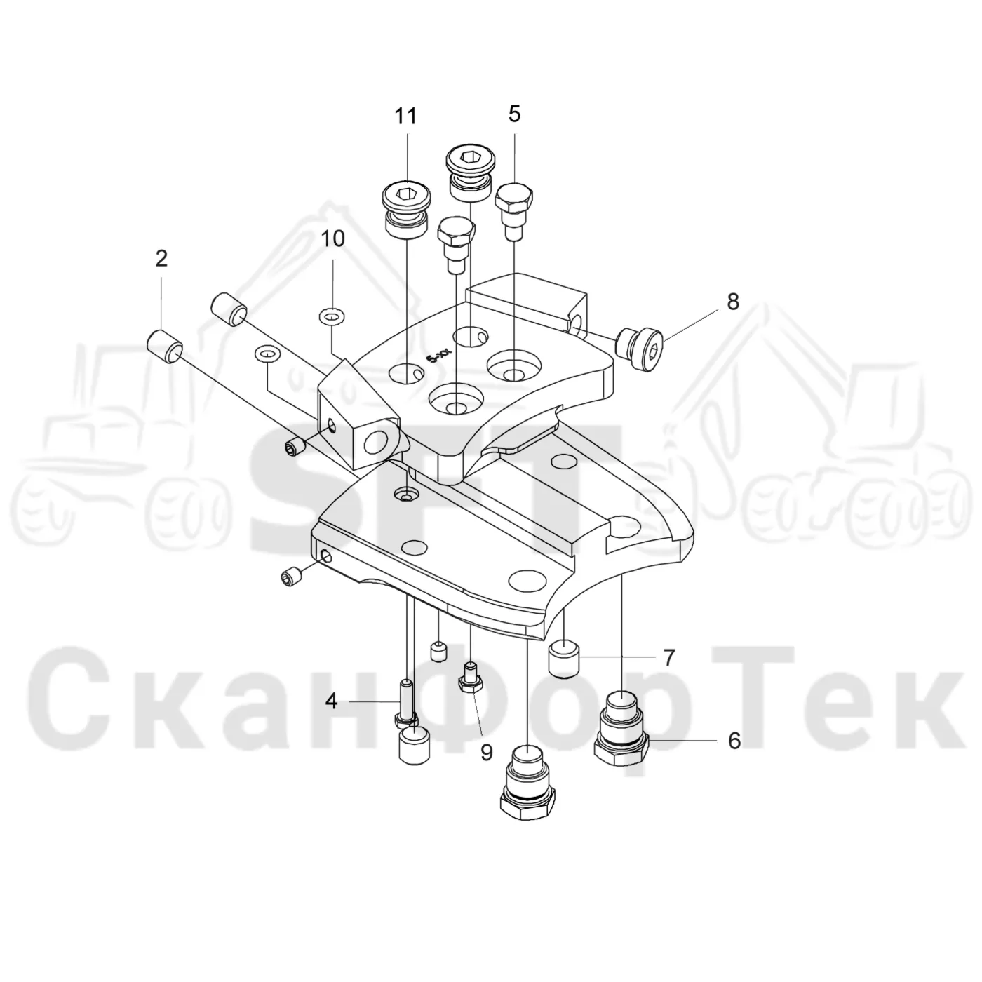 Схема: Komatsu / Лесозаготовительные машины / 911 S/N 9110062167- / Каталог запасных частей / Лесозаготовительное оборудование / Головка лесозаготовительной машины / S132 / Каталог запасных частей / Резка / Устройство резки/Автоматический натяжитель цепи / Зажим стержня пилы/Корчевка пней
