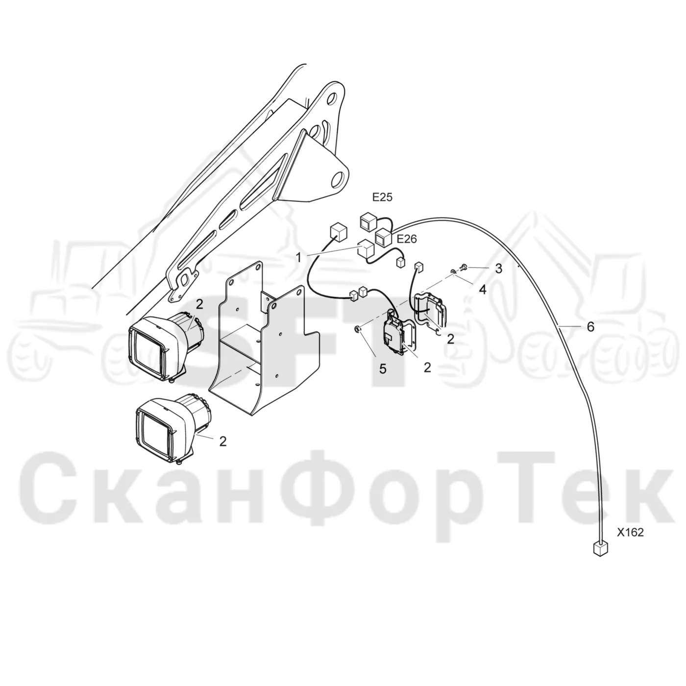 Схема: Komatsu / Лесозаготовительные машины / 931.1 / Каталог запасных частей / Подъемный кран / Рабочие лампы ксеноновые / Рабочие лампы, ксеноновые