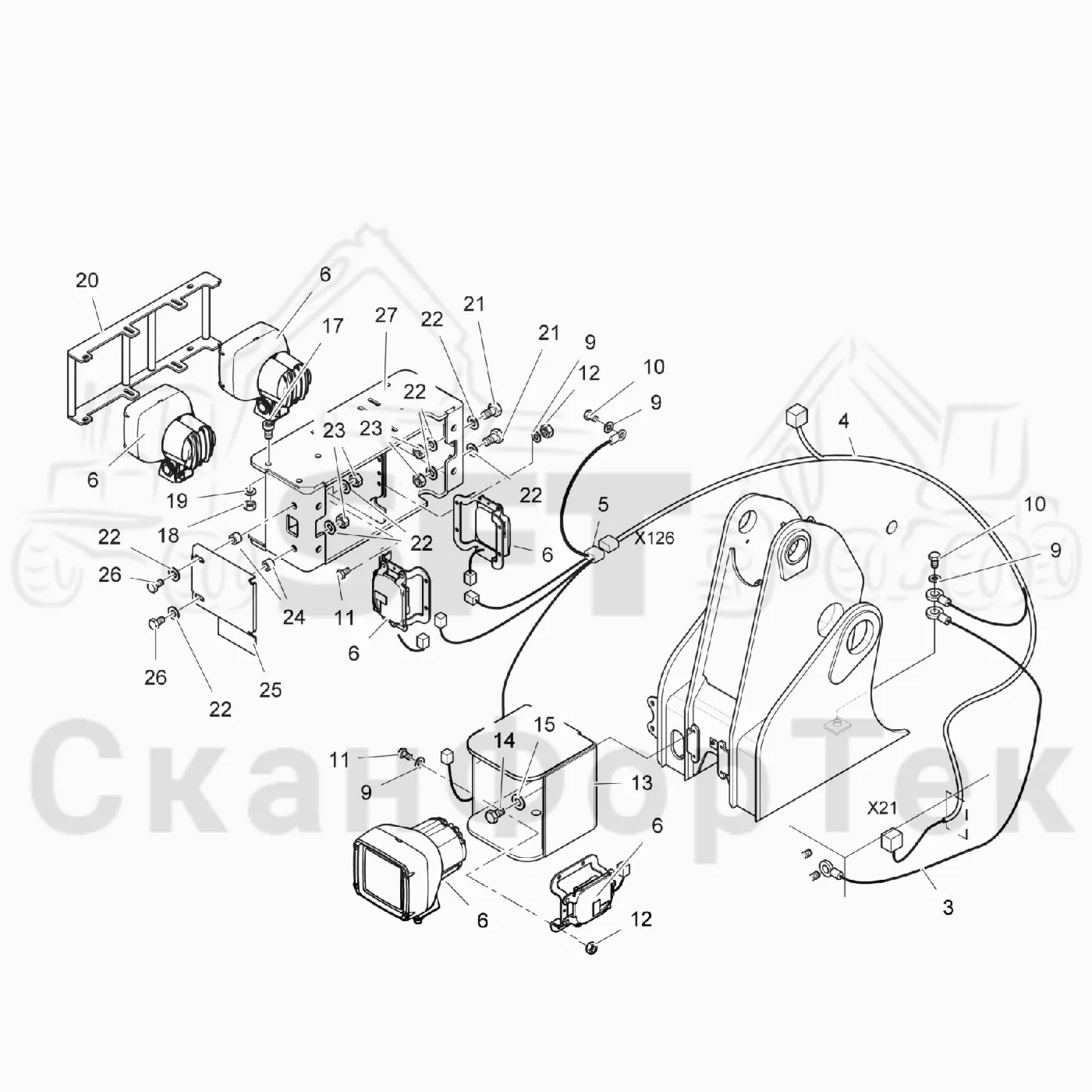 Схема: Komatsu / Лесозаготовительные машины / 931 / Каталог запасных частей / Подъемный кран / Рабочие лампы / Рабочие лампы ксеноновые / Рабочие лампы, ксеноновые