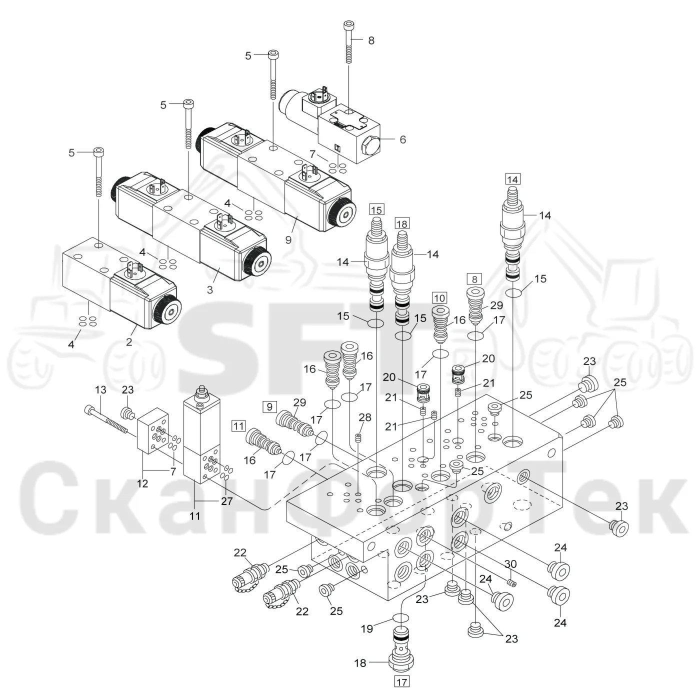 Схема: Komatsu / Лесозаготовительные машины / 911 S/N 9110062167- / Каталог запасных частей / Лесозаготовительное оборудование / Головка лесозаготовительной машины / S92 / Каталог запасных частей / Гидравлический клапан / Узел клапана / Клапан 3092016264-