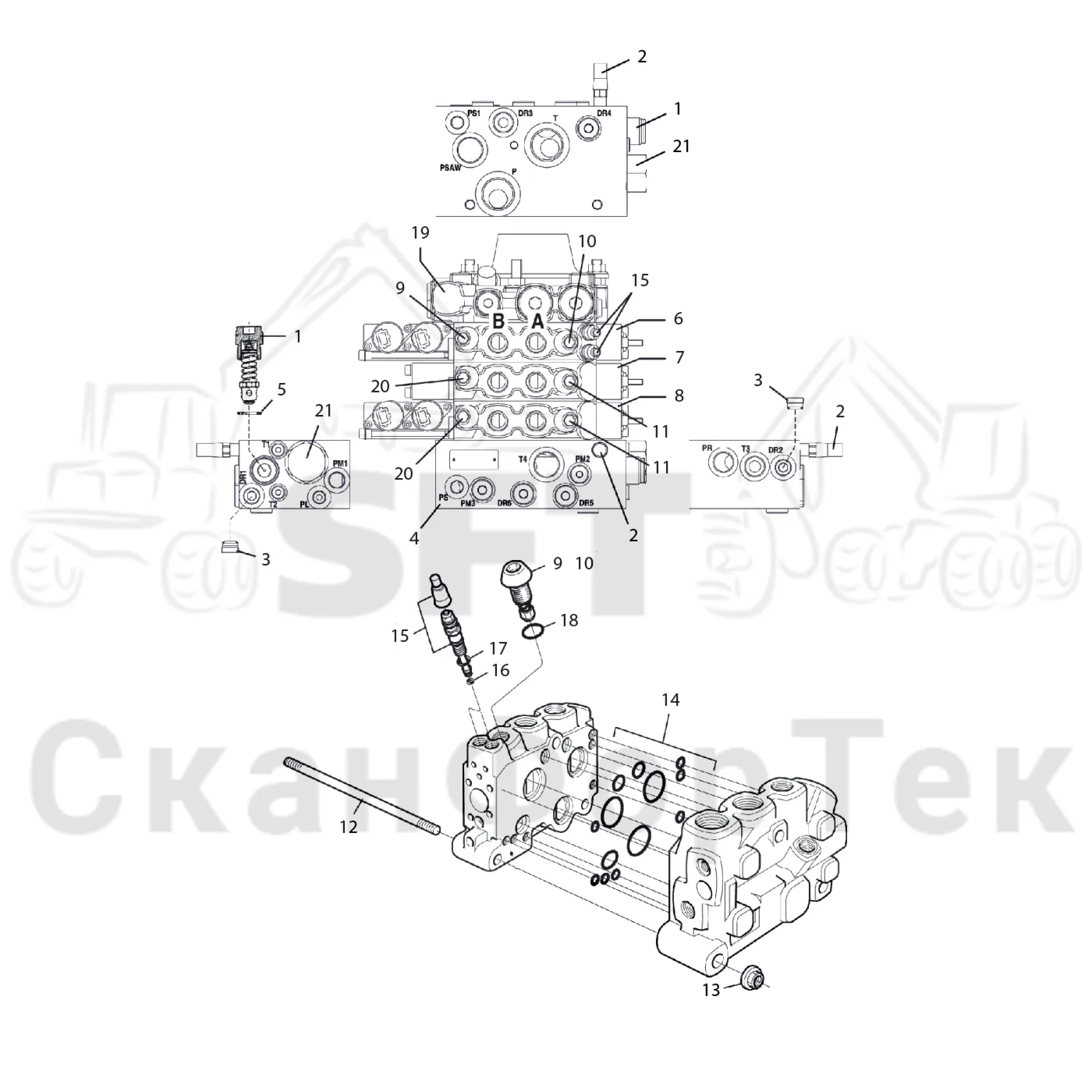 Схема: Komatsu / Лесозаготовительные машины / 901 S/N 9010053267- / Каталог запасных частей / Лесозаготовительное оборудование / Головка лесозаготовительной машины / S92 / Каталог запасных частей / Гидравлический клапан / Узел клапана / L90 Valve