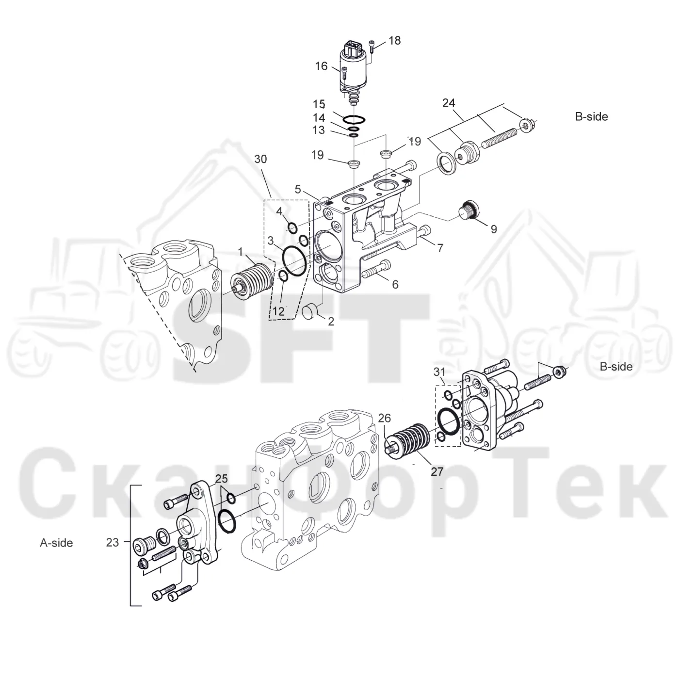 Схема: Komatsu / Лесозаготовительные машины / 931 S/N 9310021067- / Каталог запасных частей / Лесозаготовительное оборудование / Головка лесозаготовительной машины / S92 / Каталог запасных частей / Гидравлический клапан / Узел клапана / Секция клапана L90