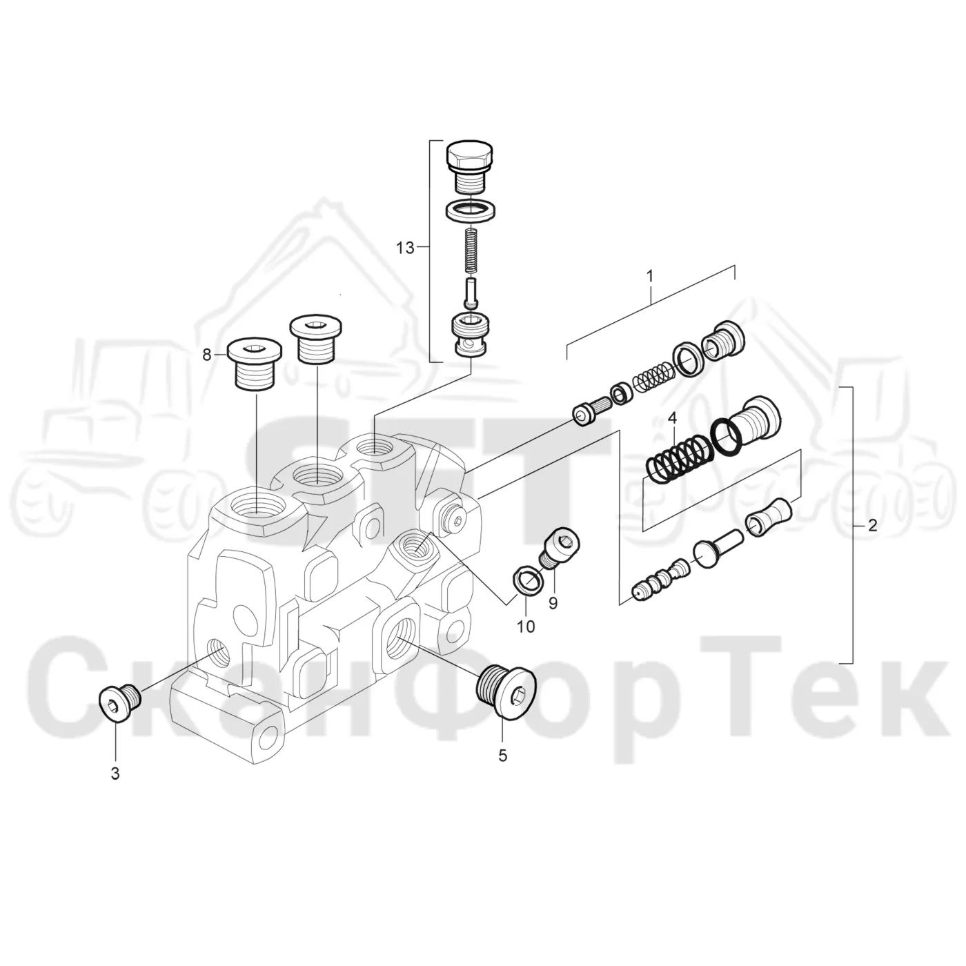 Схема: Komatsu / Лесозаготовительные машины / 901 S/N 9010053267- / Каталог запасных частей / Лесозаготовительное оборудование / Головка лесозаготовительной машины / S92 / Каталог запасных частей / Гидравлический клапан / Узел клапана / Секция клапана L90