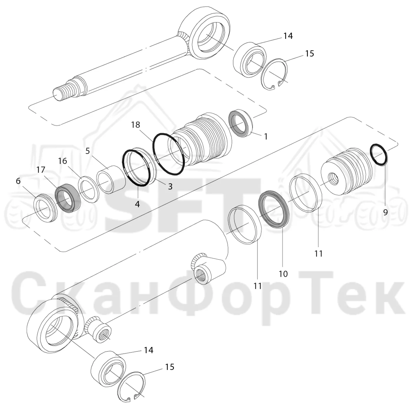 Схема: Komatsu / Лесозаготовительные машины / 931 S/N 9310021067- / Каталог запасных частей / Лесозаготовительное оборудование / Головка лесозаготовительной машины / S132 / Каталог запасных частей / Обрезка сучьев / Задние сучкорезные ножи / Запасные части цилиндра